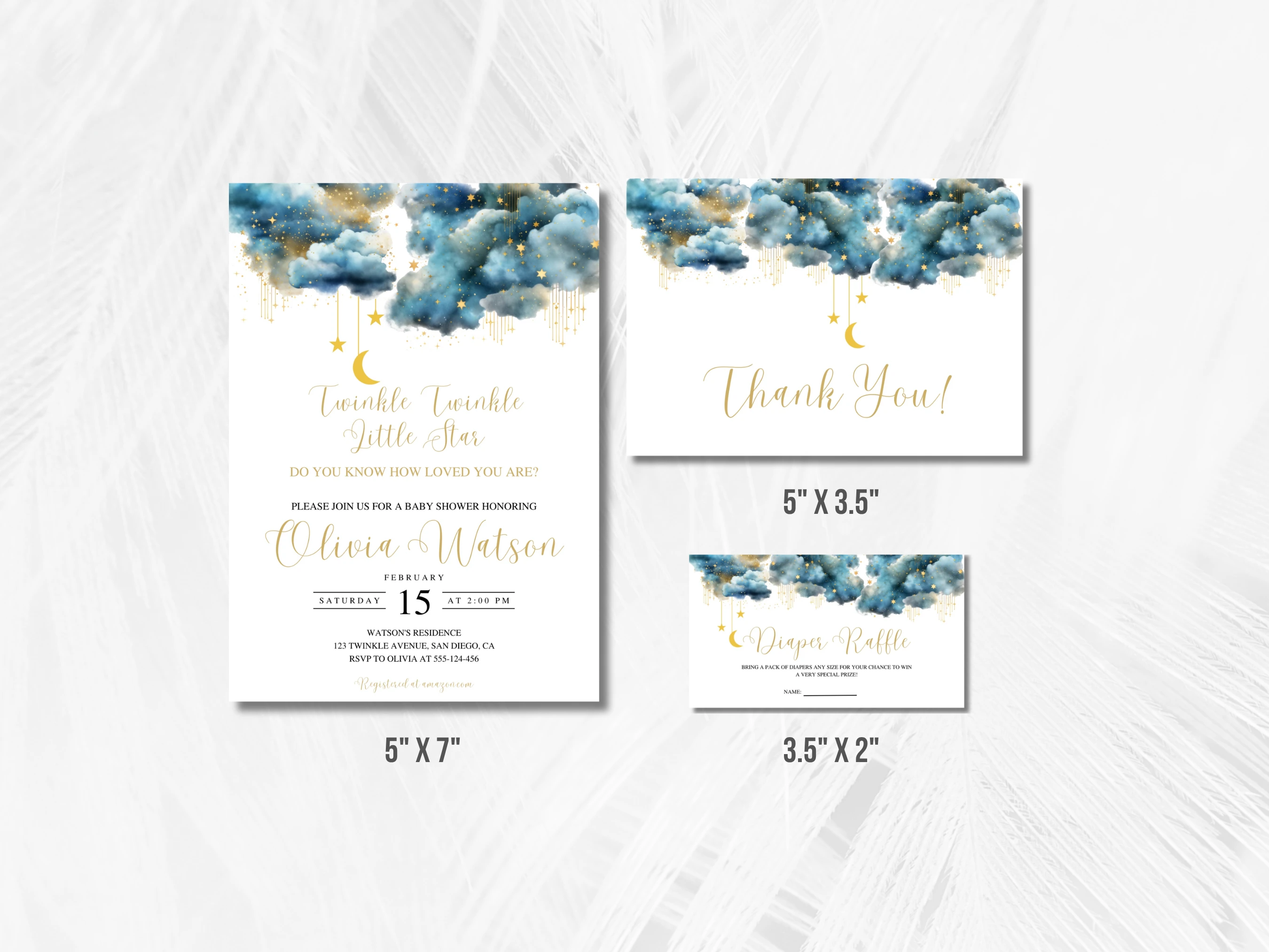 Twinkle Little Star Baby Shower Invitation Set | Over The Moon Blue Gold Starter Pack | Editable Canva Template | Digital Download