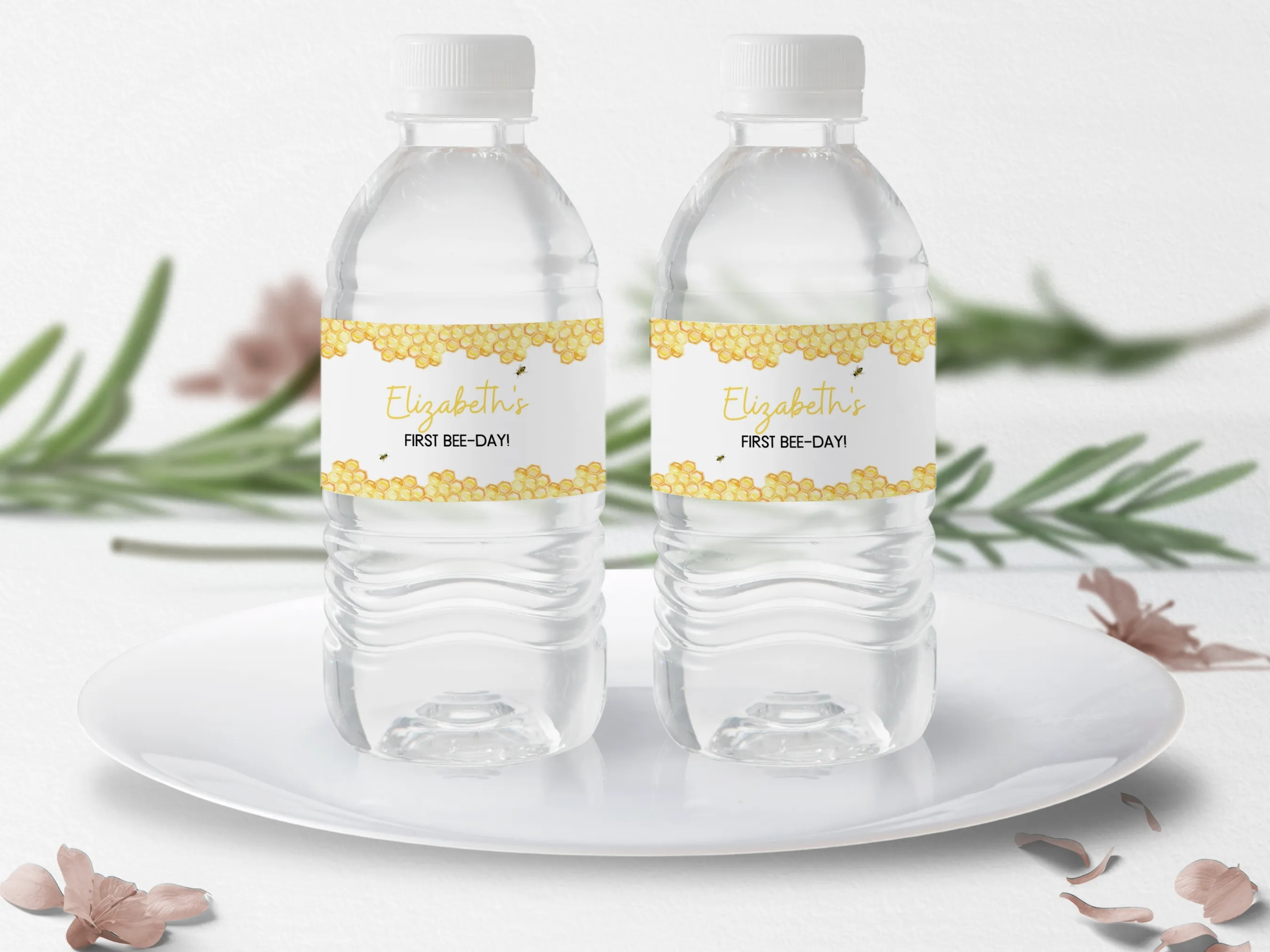 First Bee Day water bottle labels with bumble bee and honey bee theme, editable bottle wraps and birthday bottle stickers by fllcdesigns