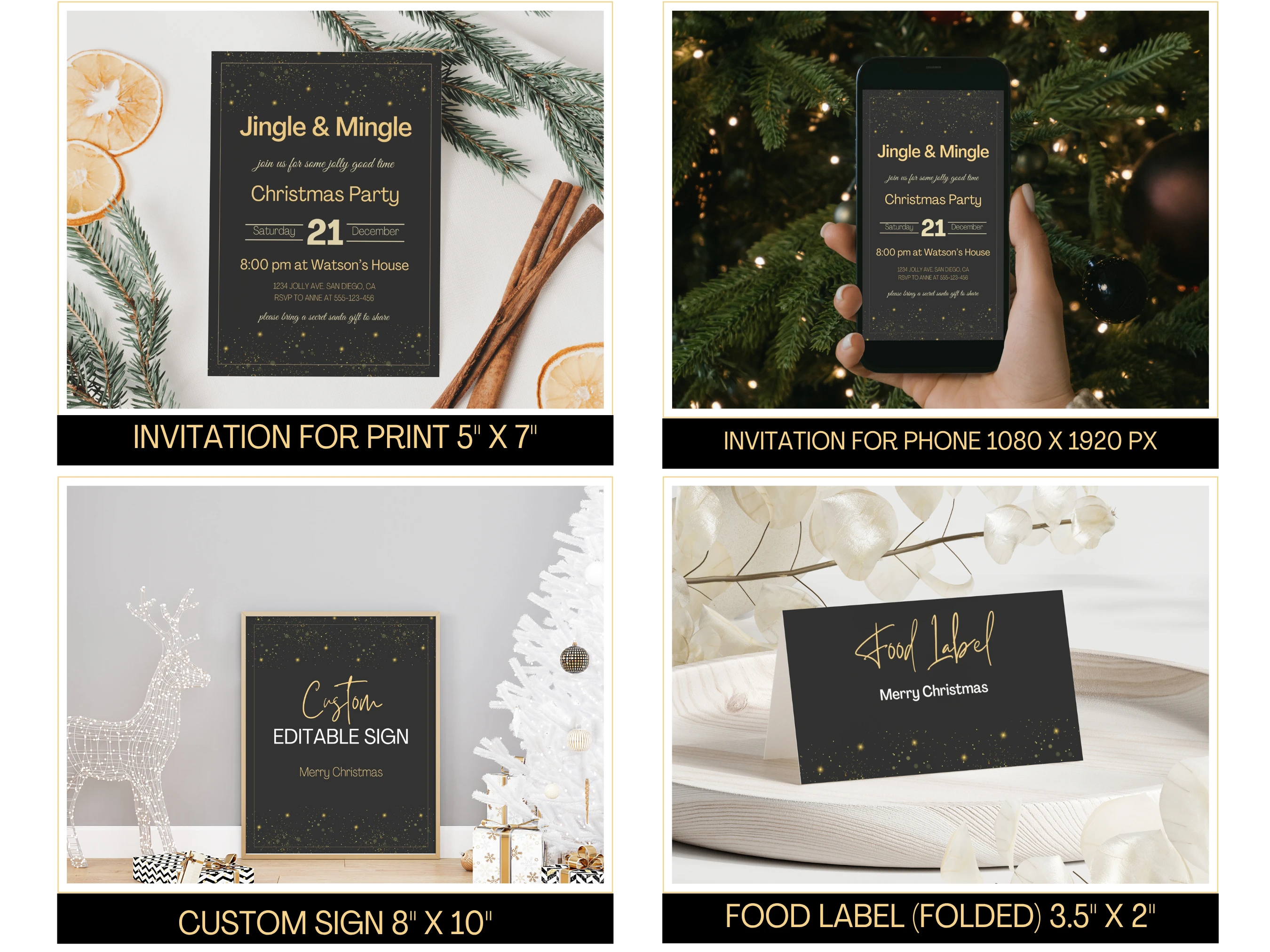 Black and Gold Christmas Party Bundle | Elegant Dinner Invitation Kit | Editable Canva Template | Digital Download