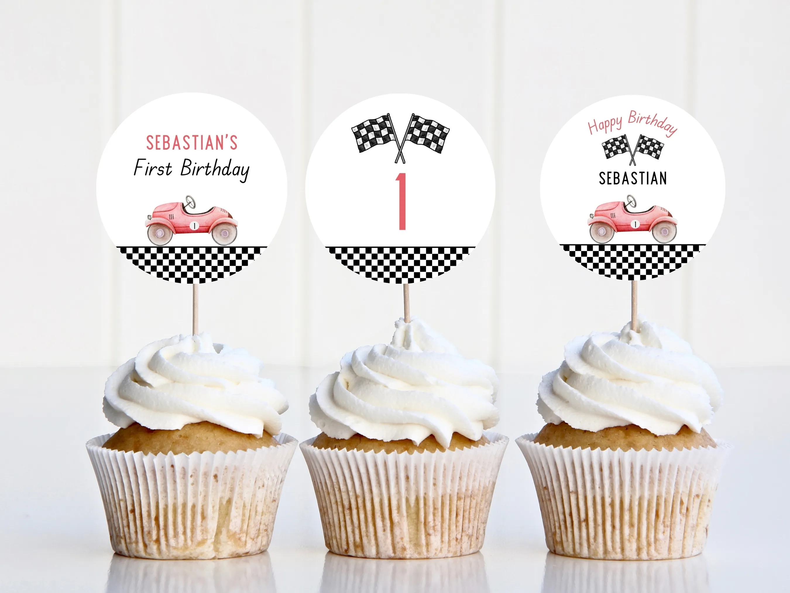 Fast One race car cupcake toppers for first birthdays, with red and blue racing theme and Happy Birthday toppers, editable Canva template by fllcdesigns