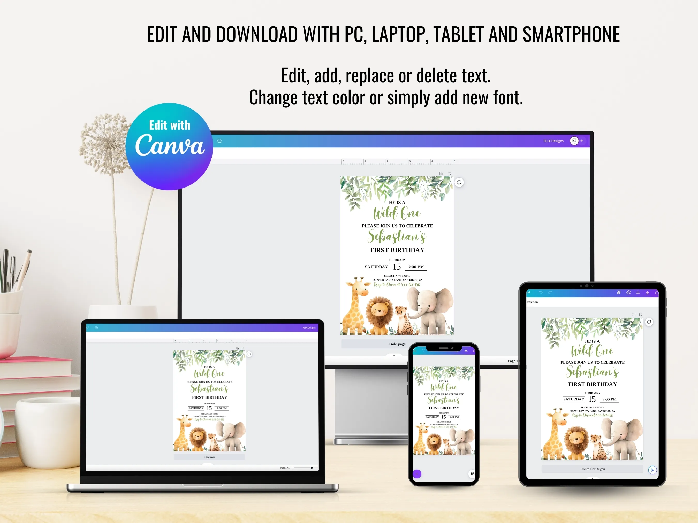 Wild One Safari Birthday Bundle | Jungle Animals Birthday Decorations | Editable Canva Template | Digital Download