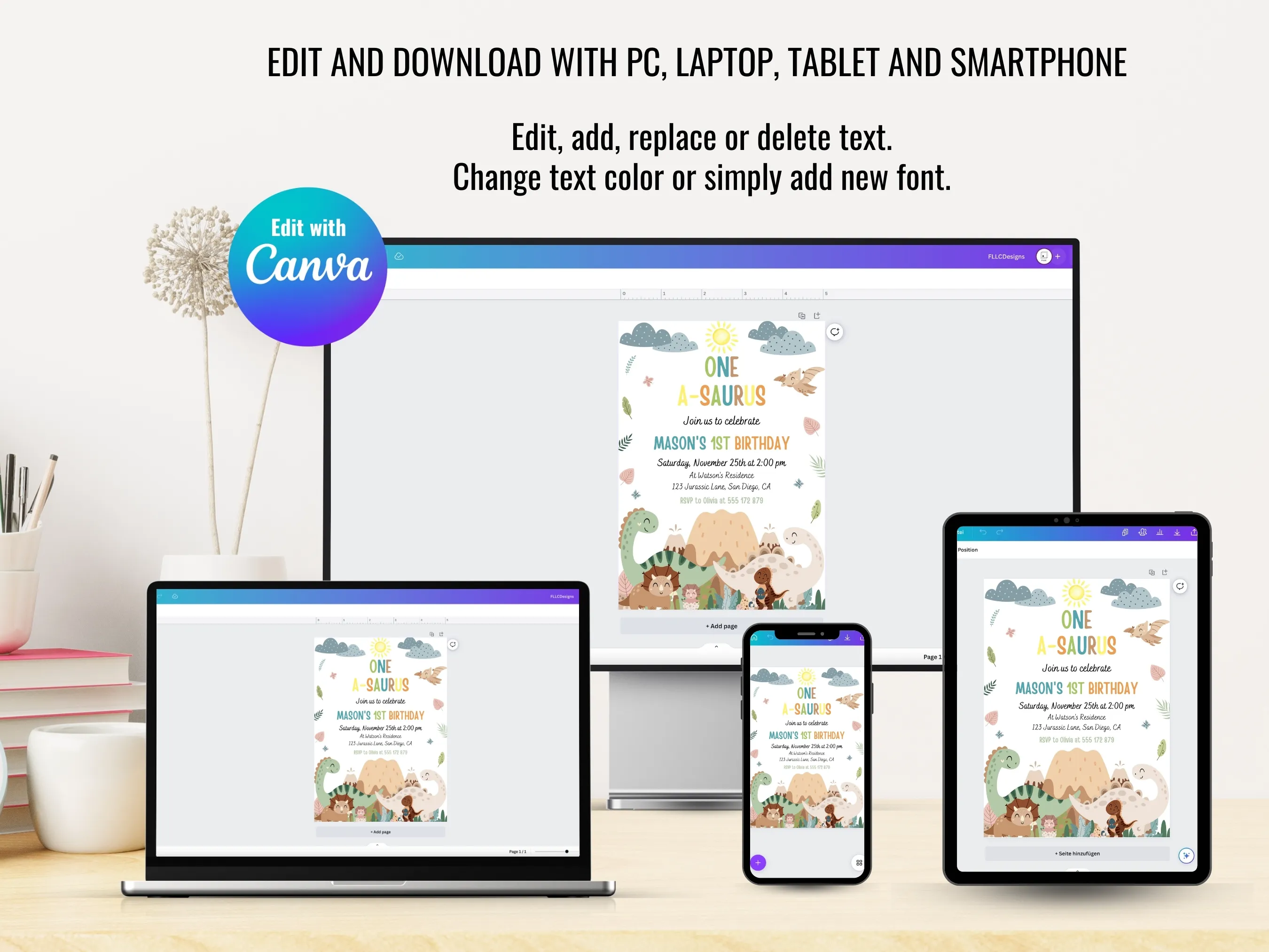Baby Boy Dinosaur 1st Birthday Evite | Dino Party Mobile Invitation | Editable Canva Template | Digital Download
