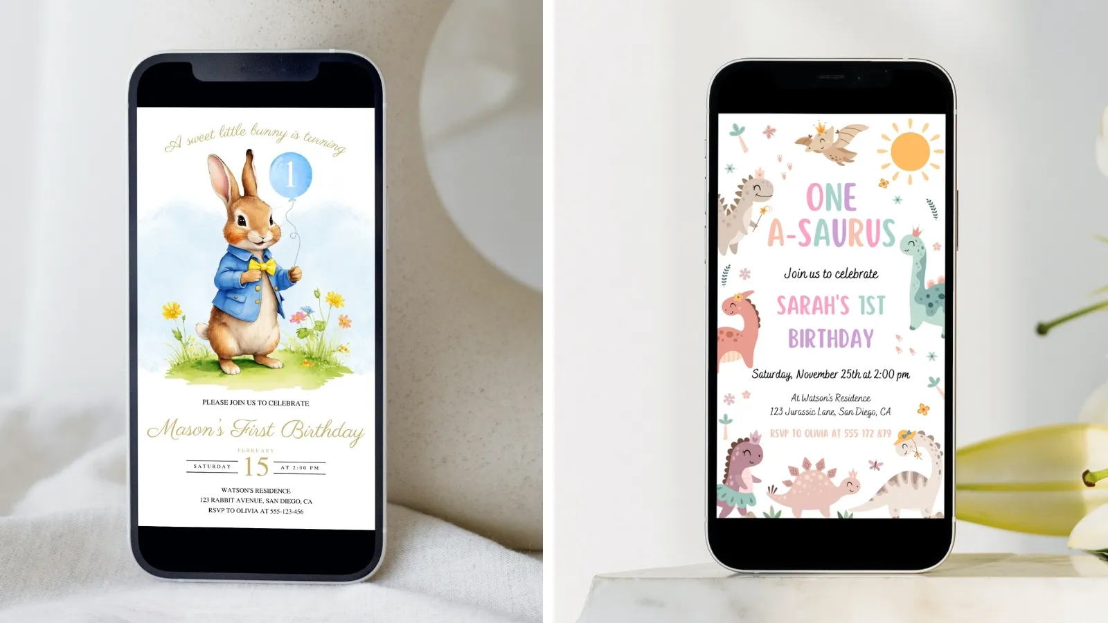 Birthday mobile invitations for boys and girls with fun party evite designs, editable Canva templates for customizable birthday invites, digital download.