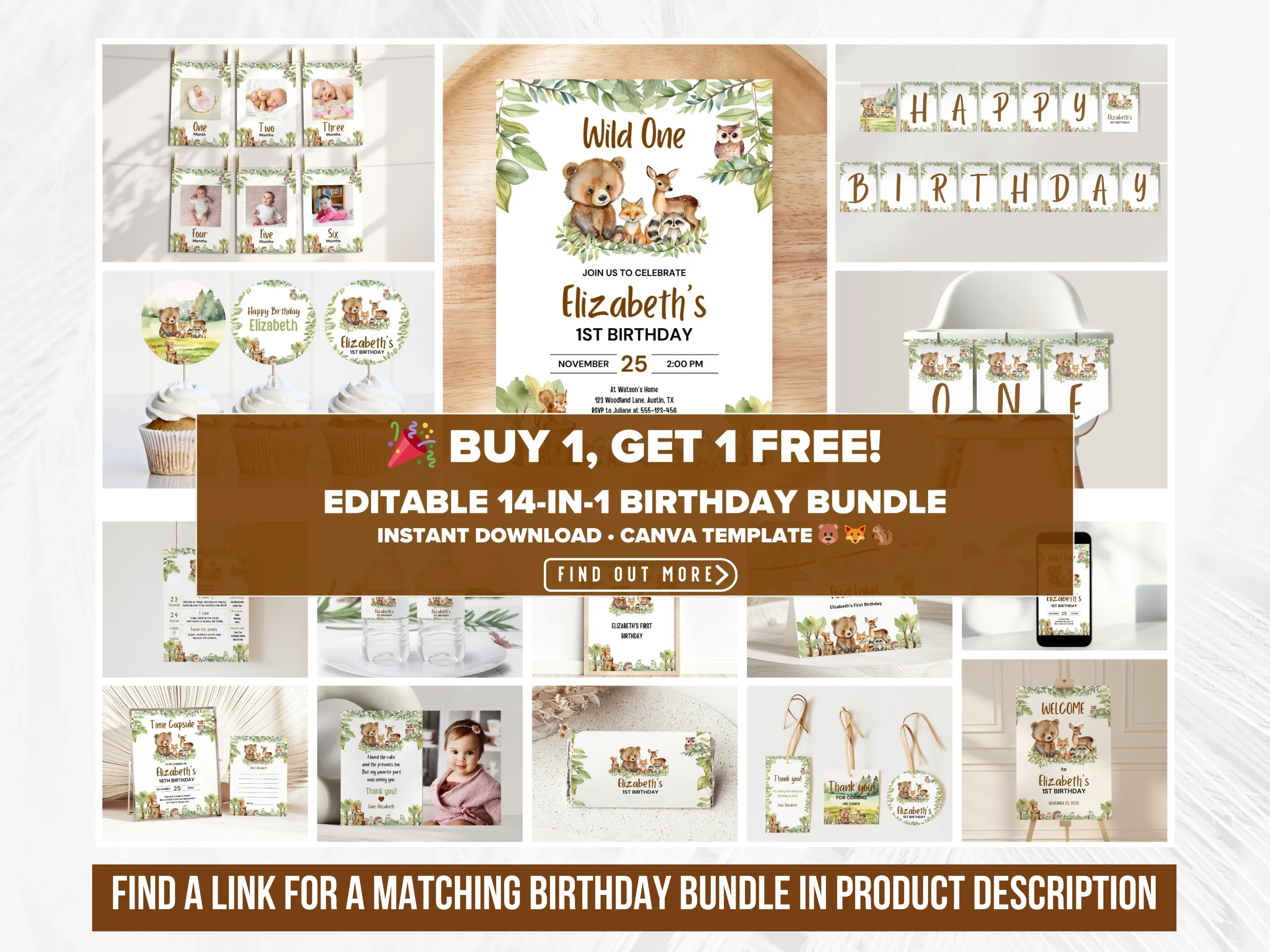 Woodland Animals Birthday Evite | Forest Mobile Invitation | Editable Canva Template | Digital Download