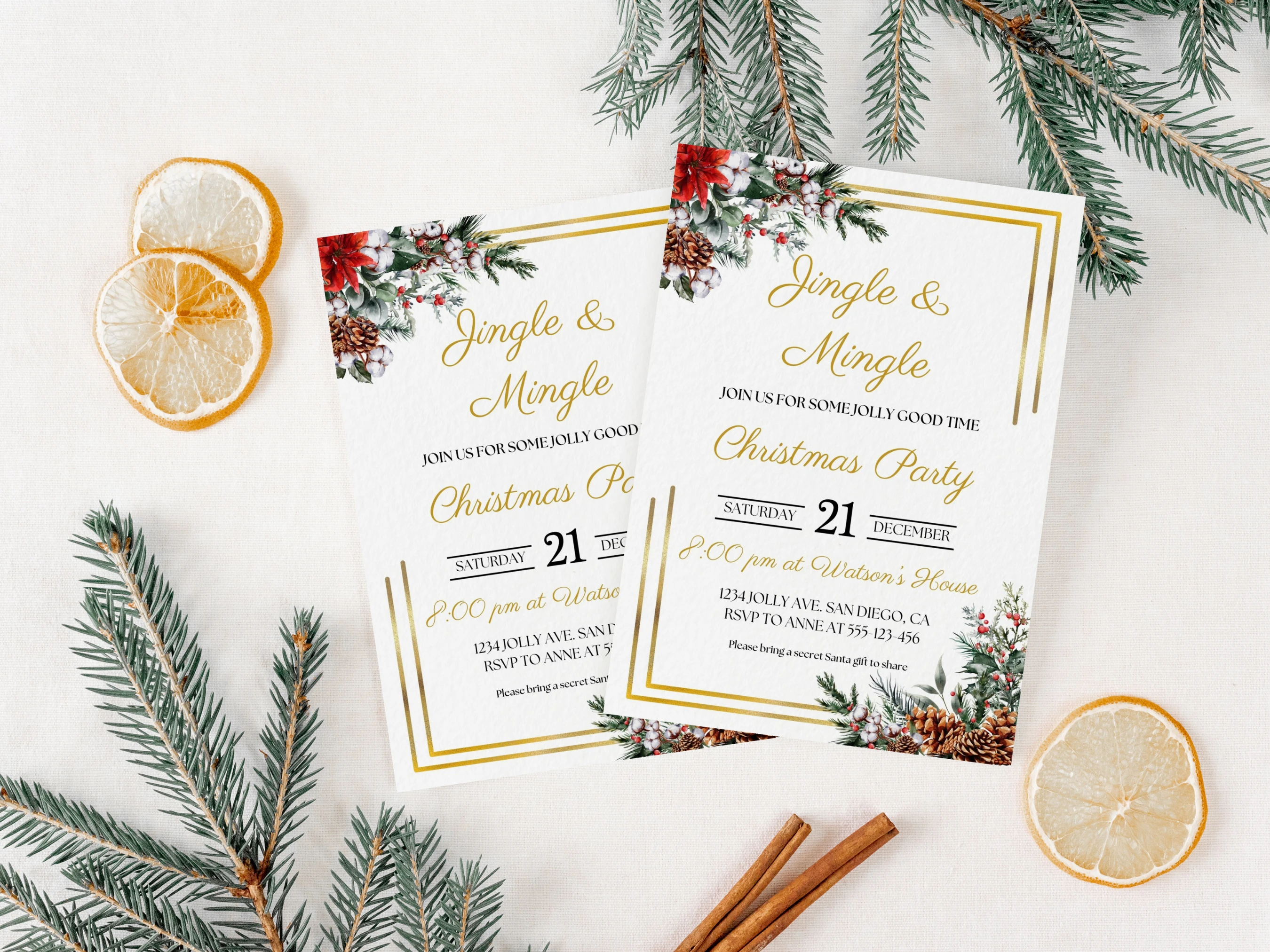 Golden Frame Christmas Dinner Party Invitation | Elegant Greenery Holiday Invite | Editable Canva Template | Digital Download