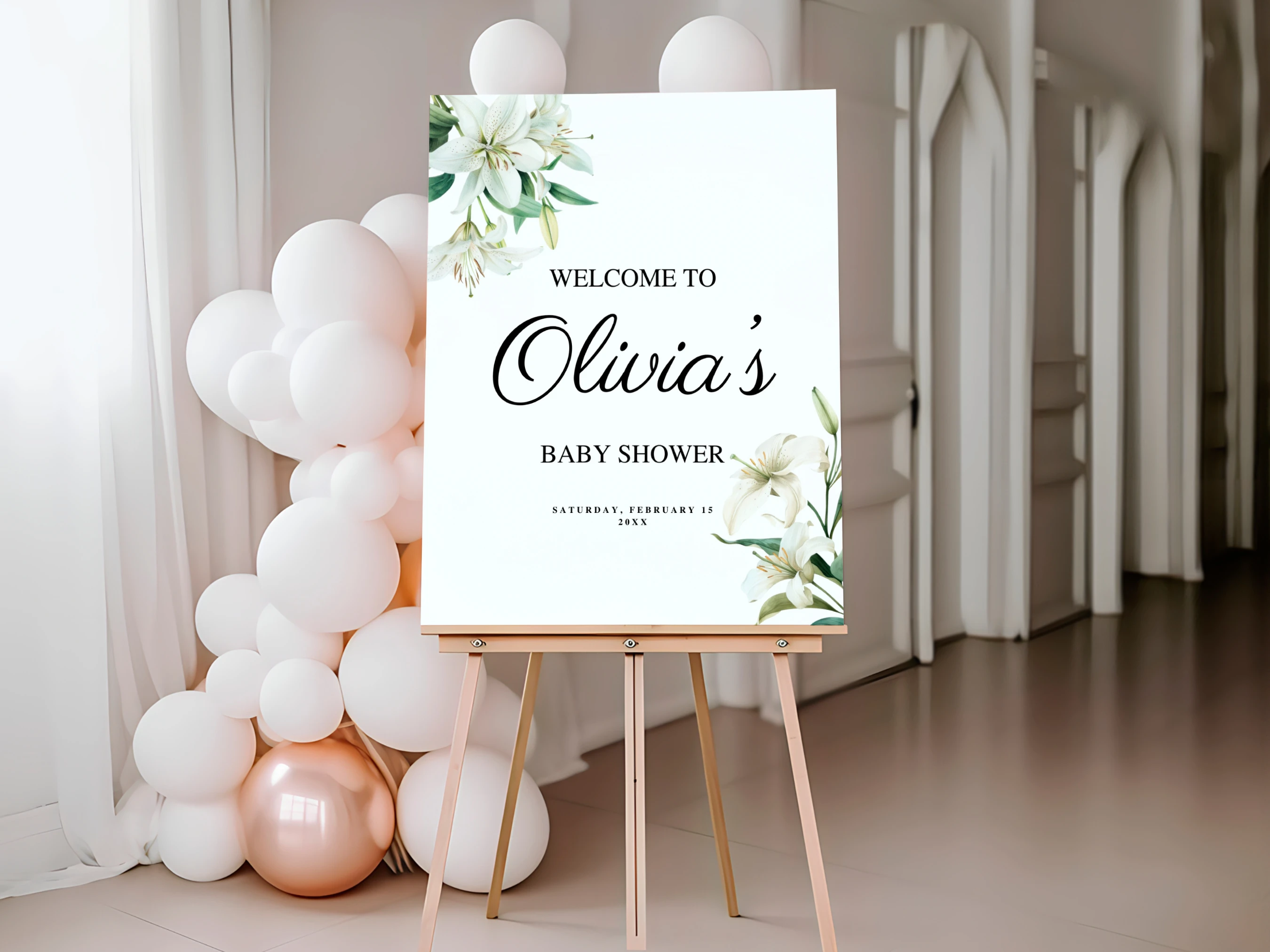 baby in bloom baby shower welcome sign wildflower floral greenery board canva template digital download, wildflower baby shower welcome board spring floral decorations canva template