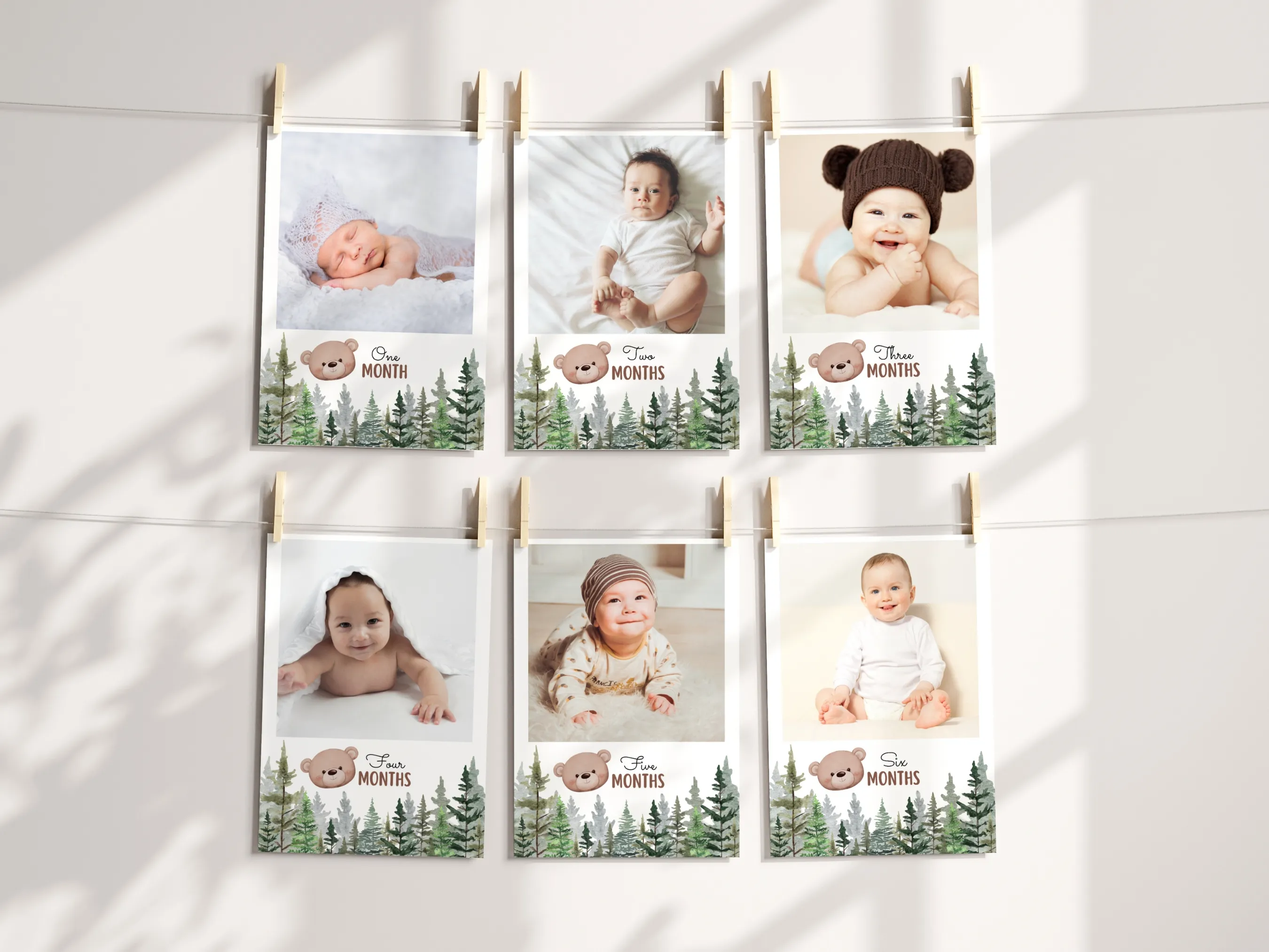 Woodland bear 1st birthday photo banner with brown bear milestone cards, editable Canva template for personalized woodland birthday decorations, digital download.