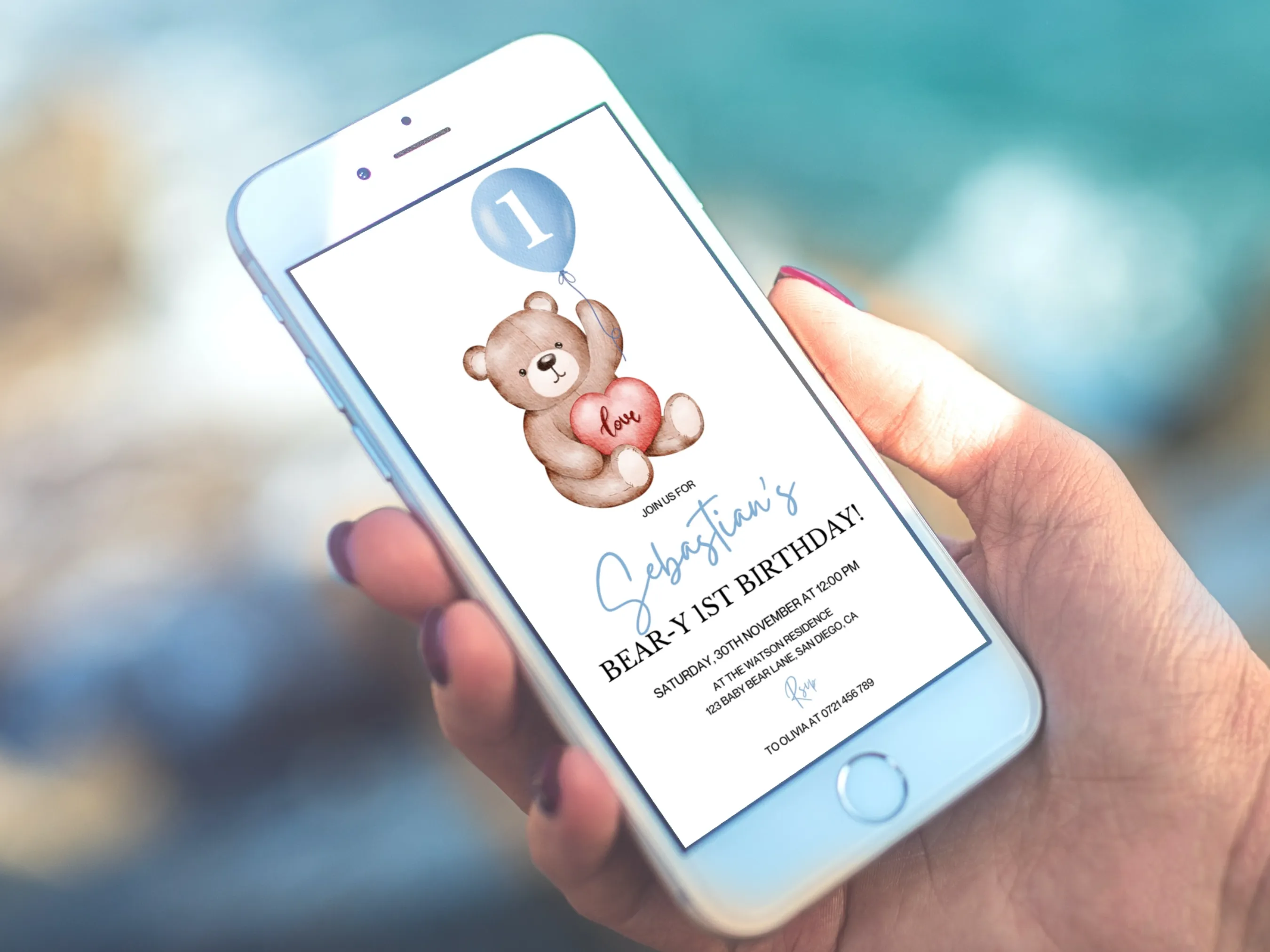 Teddy Bear 1st Birthday Mobile Invitation | Beary First Birthday Evite | Cute Teddy Bear Party | Editable Canva Template | Digital Download