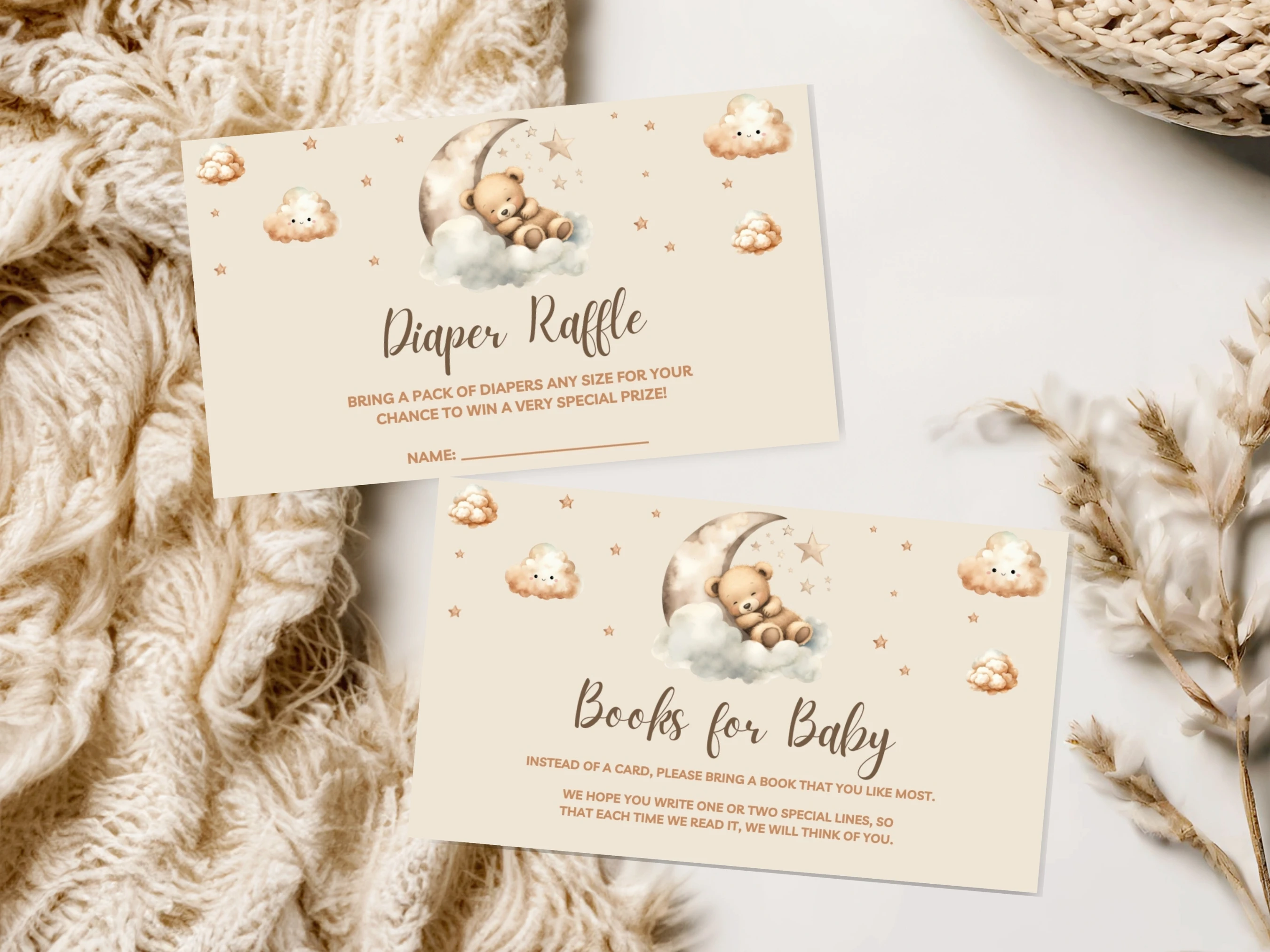 Teddy Bear Baby Shower Diaper Raffle Card | Over The Moon Books For Baby Card | Editable Canva Template | Digital Download