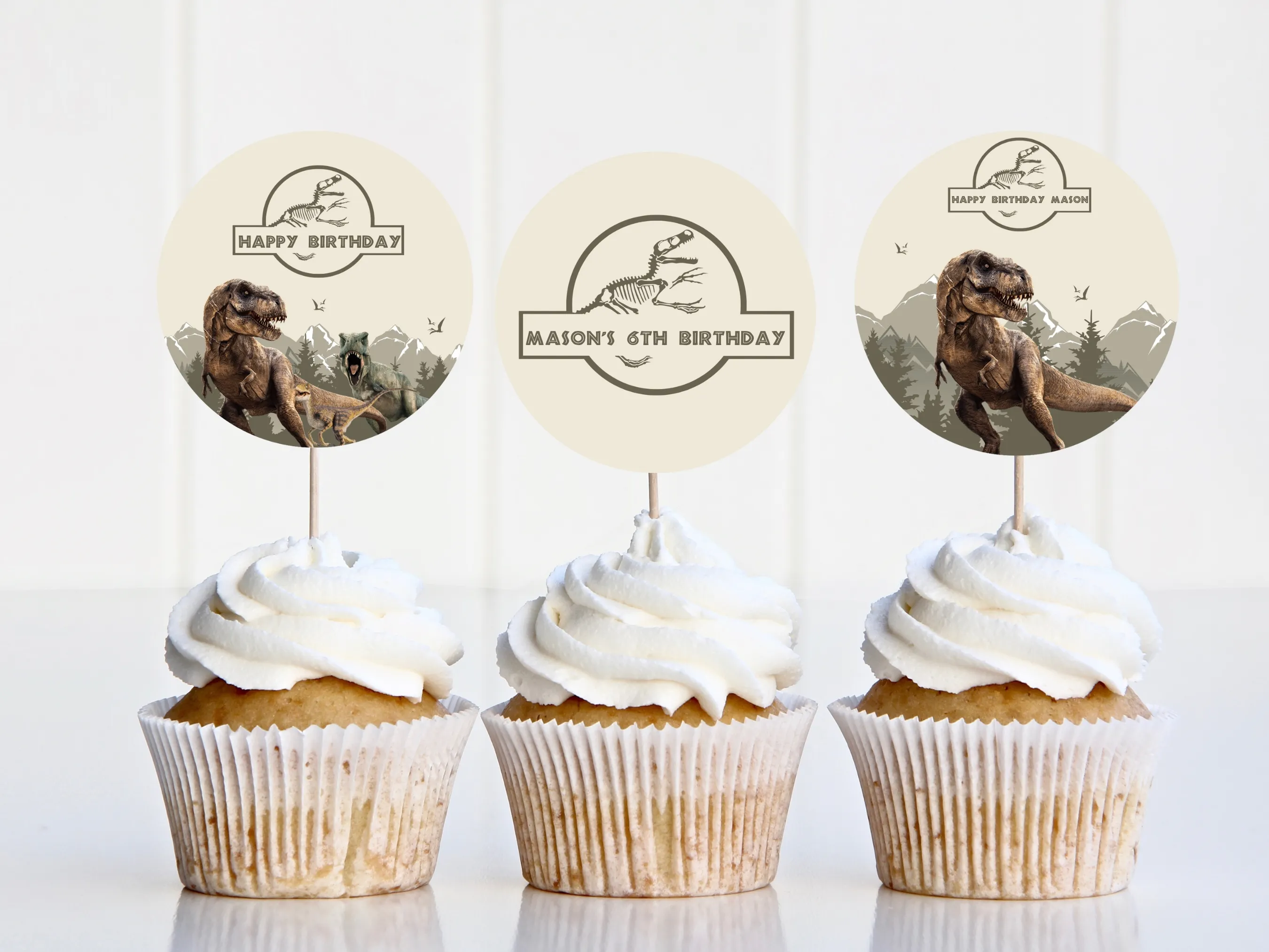 Dinosaur birthday cupcake toppers with Jurassic and T-Rex theme, matching Happy Birthday cake topper, editable Canva template by fllcdesigns
