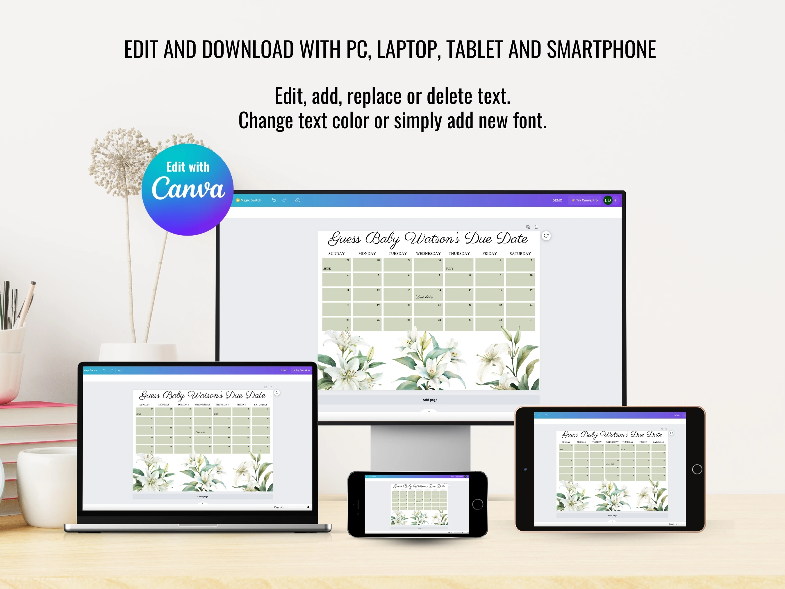 Baby In Bloom Baby Due Date Calendar | Spring Wildflower Prediction Game | Greenery Guess The Birthday For Baby Girl | Editable Canva Template | Digital Download