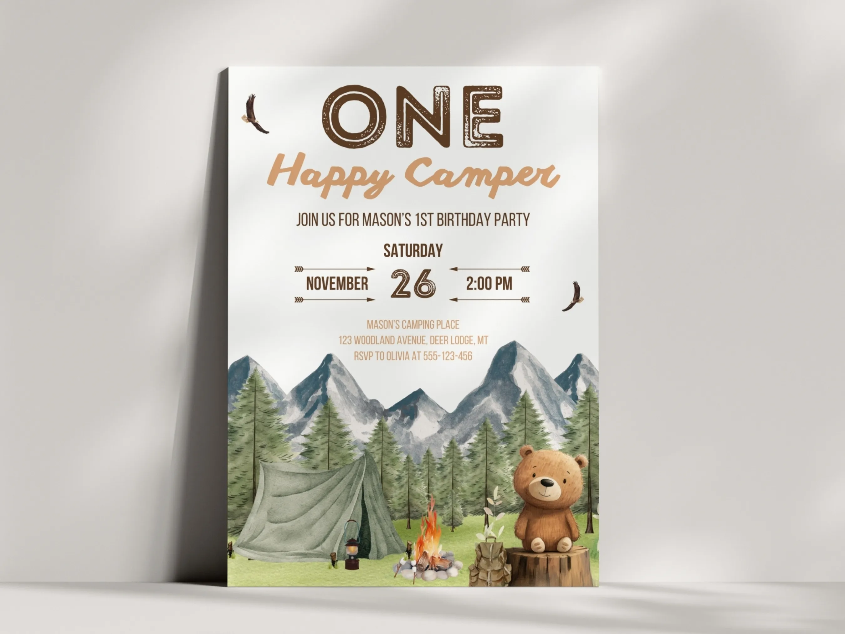 One Happy Camper first birthday invitation with camping and woodland theme, editable Canva template for kids’ outdoor adventure party, digital download.