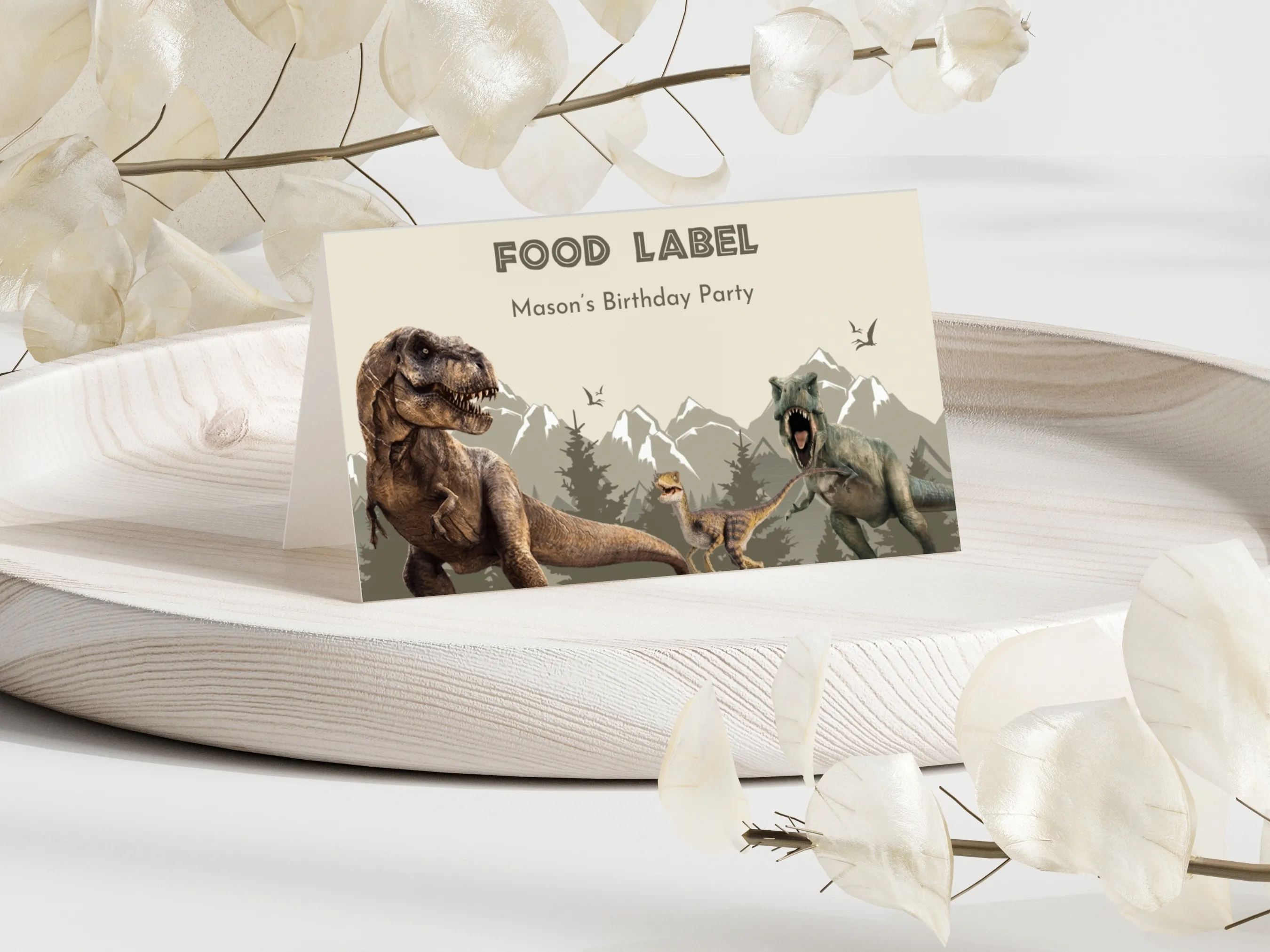 Dinosaur birthday food tent cards with Jurassic dino theme, editable place cards and table labels by fllcdesigns