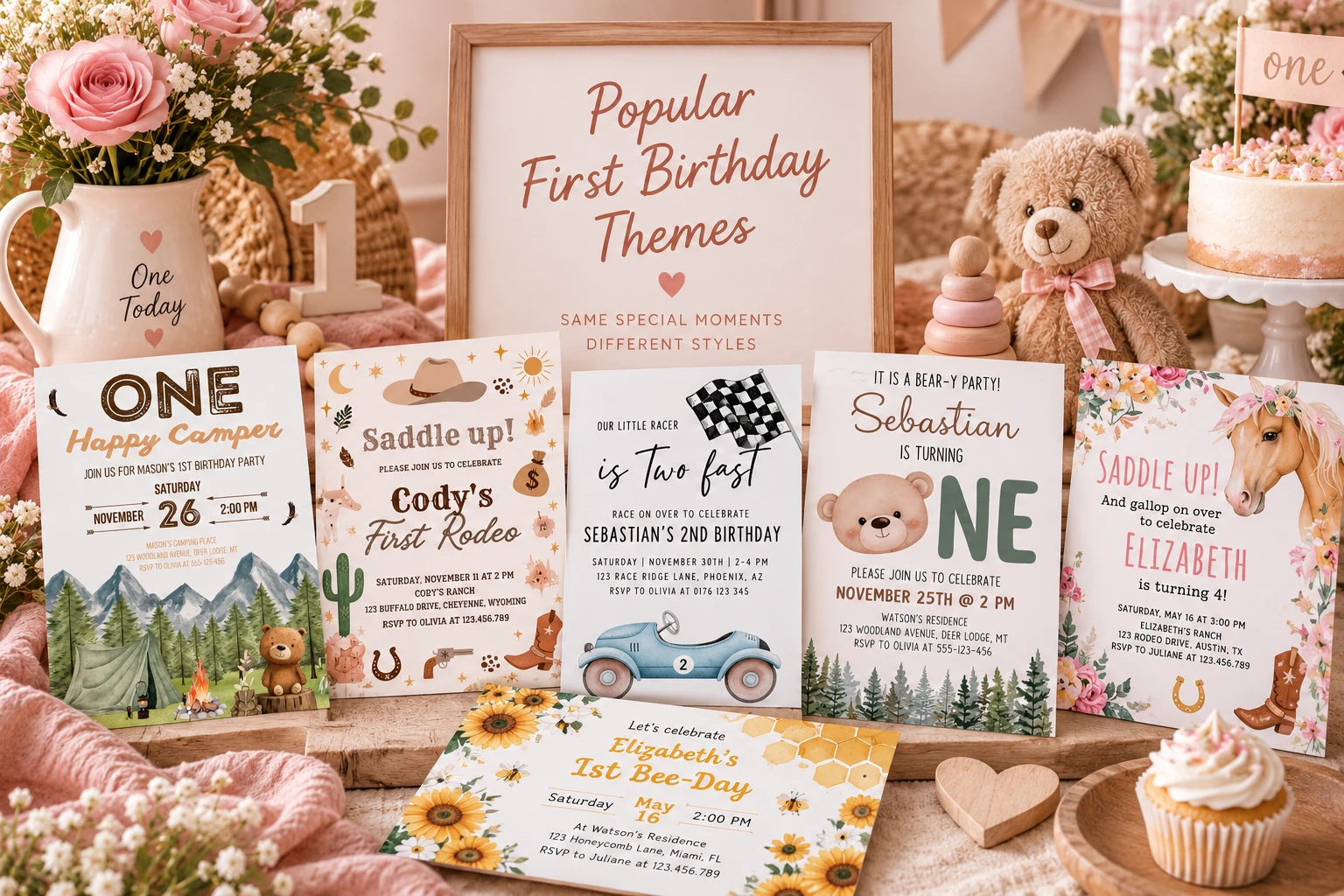 Selection of FLLCDesigns birthday invitation themes including woodland, western, racing, bear, floral and bee designs