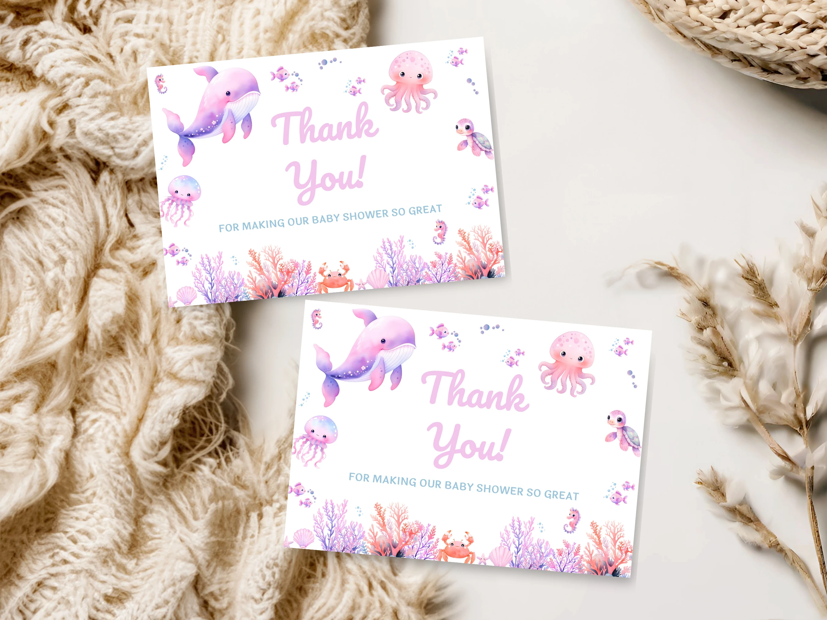 Under The Sea Baby Shower Invitation Set | Ocean Animals Pink Starter Pack For Baby Girl | Editable Canva Template | Digital Download