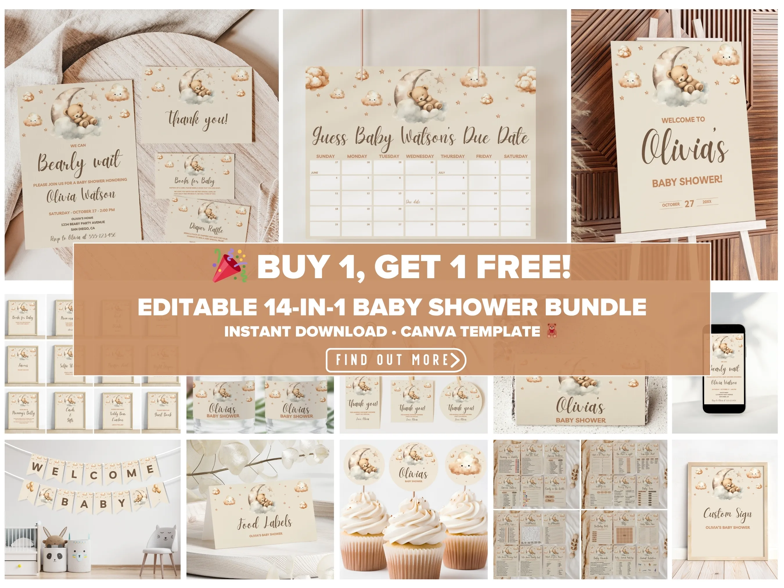 We Can Bearly Wait teddy bear baby shower bundle — neutral beige theme editable Canva templates for invitations, signs, games & decorations (digital download)