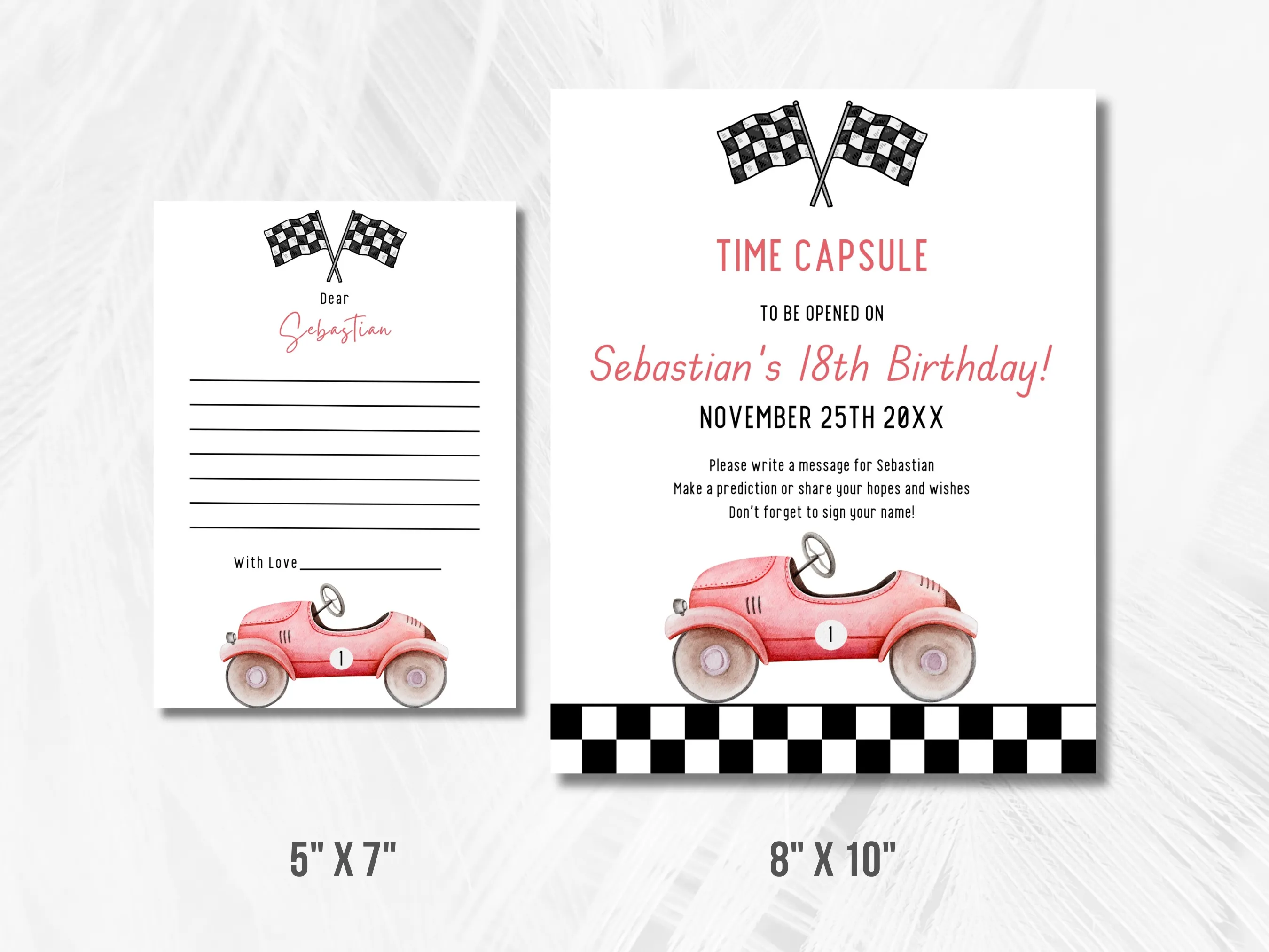 Fast One Birthday Time Capsule Sign & Message Cards | Red Vintage Race Car 1st Birthday Guest Book | Editable Canva Template | Digital Download