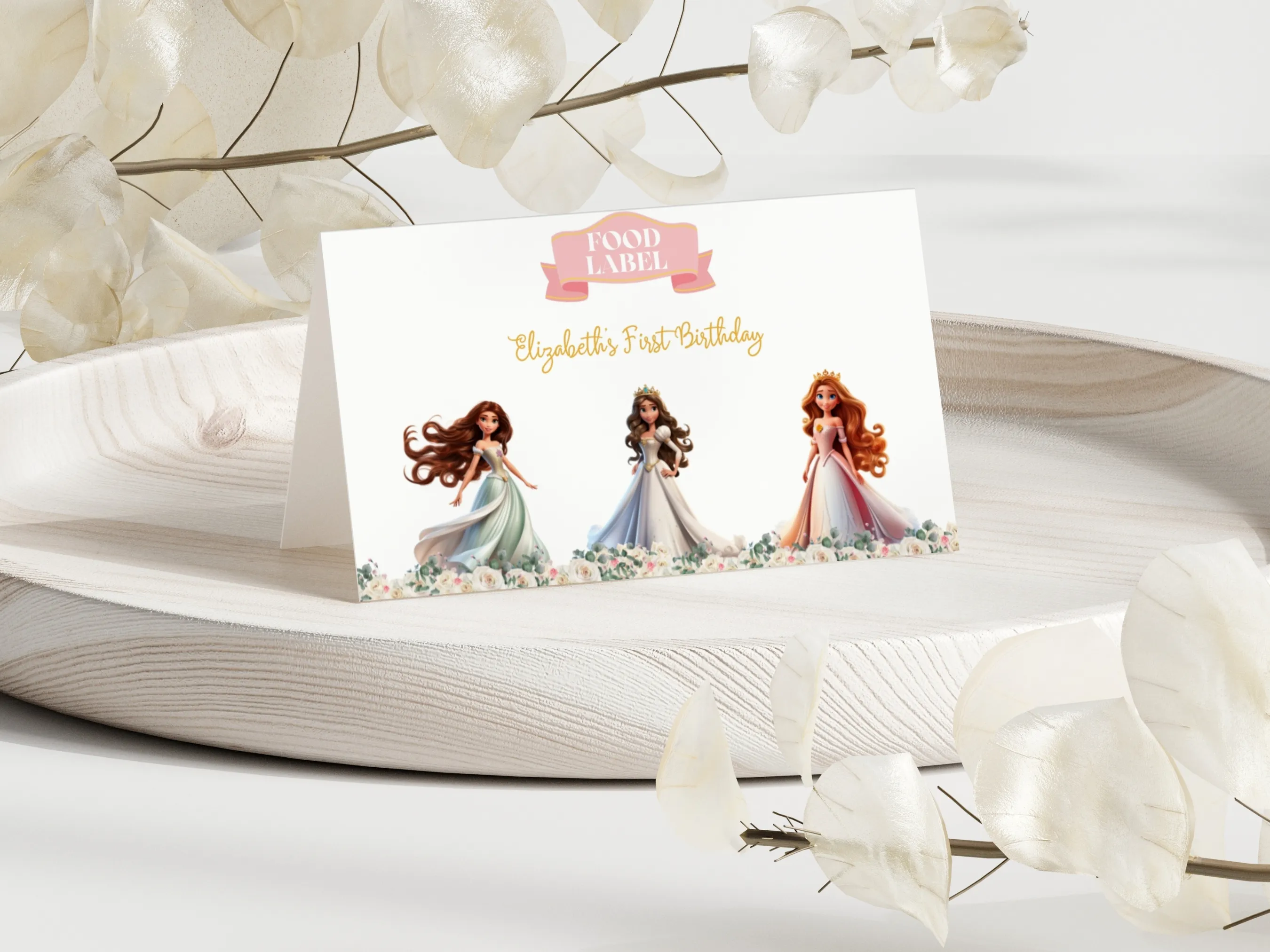 Princess party food tent cards with pink and gold royal theme, editable name tags and table labels by fllcdesigns