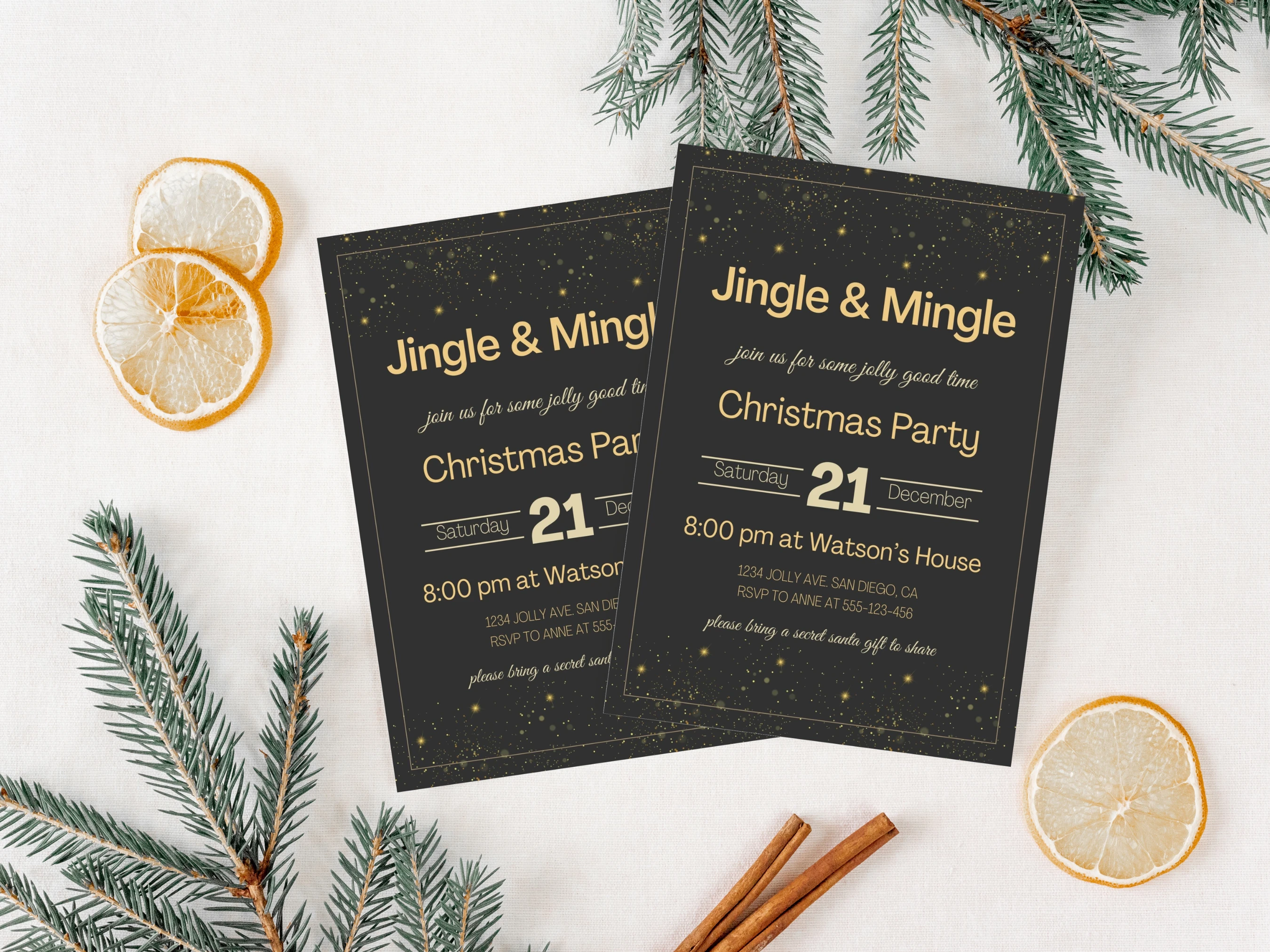 Black and Gold Christmas Party Invitation Template | Elegant Holiday Invitation | Editable Canva Template | Digital Download