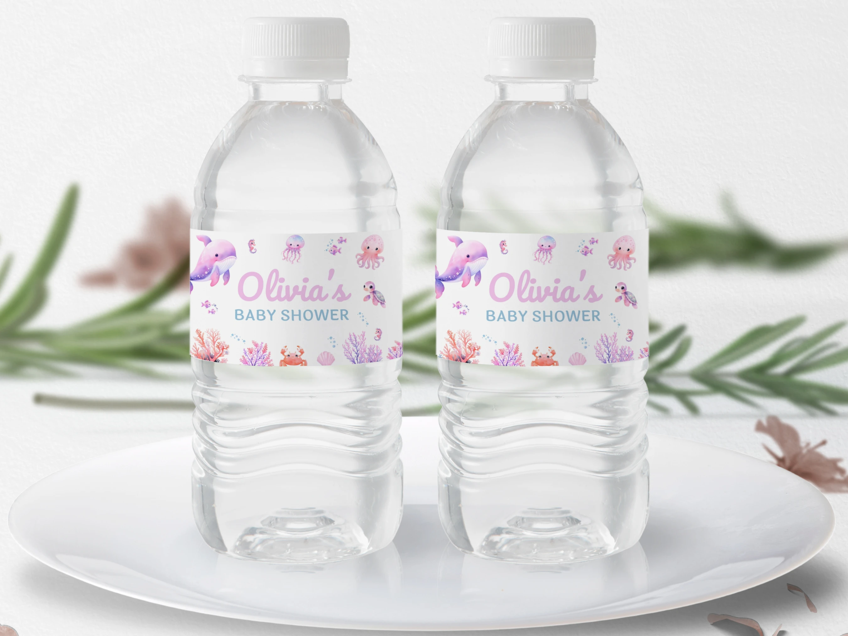 under the sea baby shower bottle label, ocean animals bottle sticker printable, pink ocean baby shower drink label, mermaid baby shower bottle label, editable bottle label Canva
