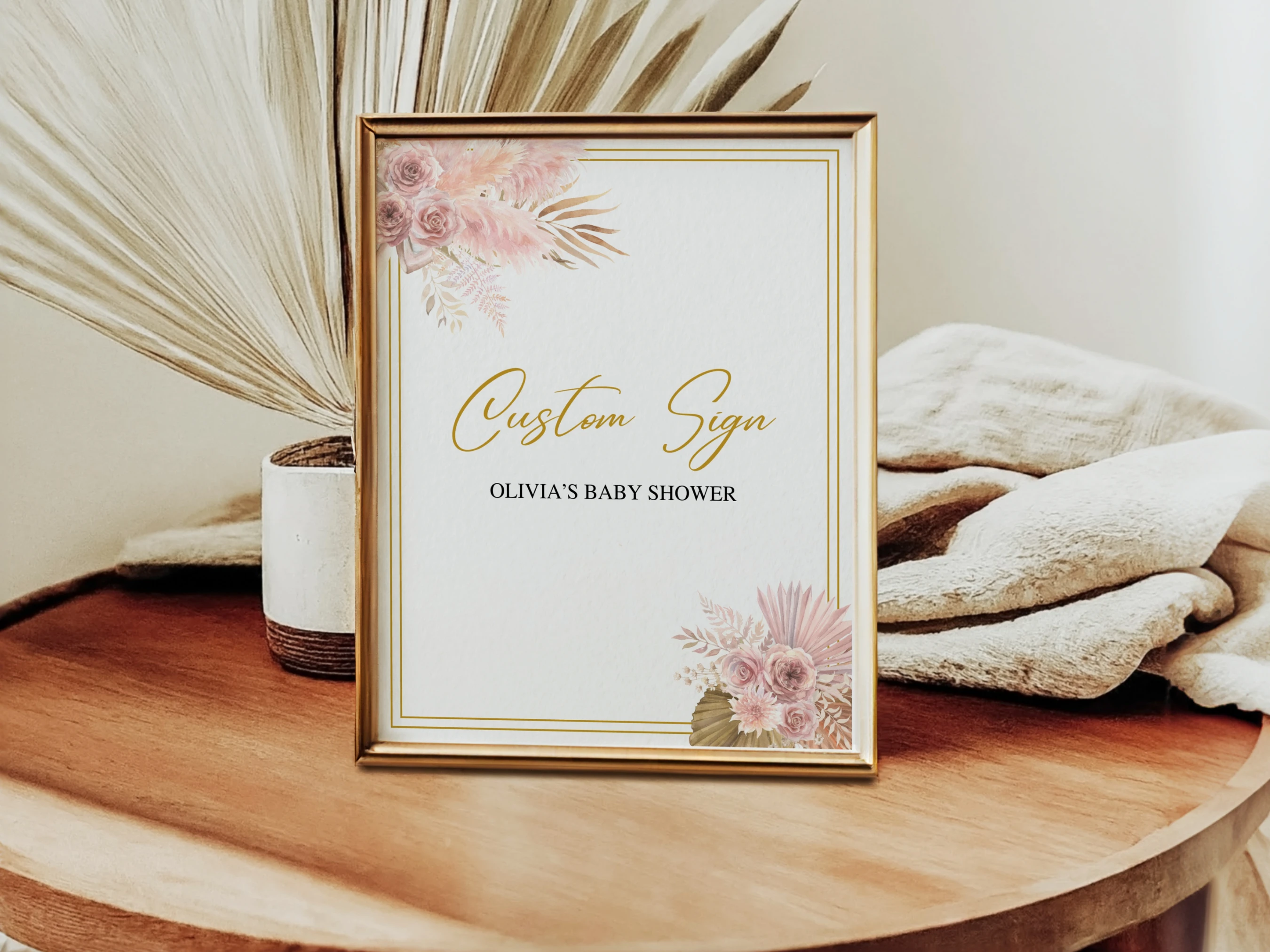 boho baby shower table sign printable, pampas grass baby shower pacifier hunt sign, pink girly baby shower diaper raffle sign, boho baby shower late night diapers sign, editable baby shower sign Canva