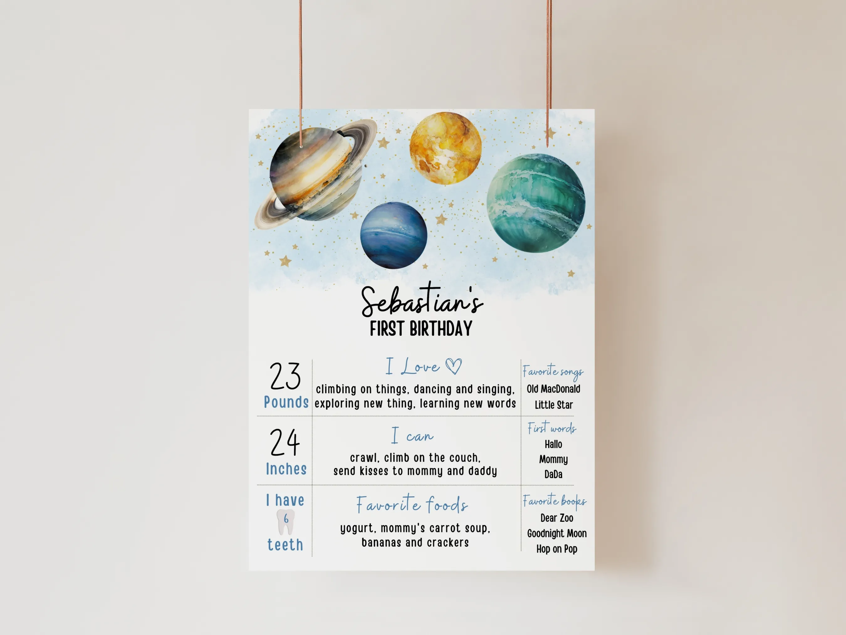 Outer space milestone board and planets baby milestone sign for a First Trip Around The Sun birthday, editable Canva template digital download by fllcdesigns