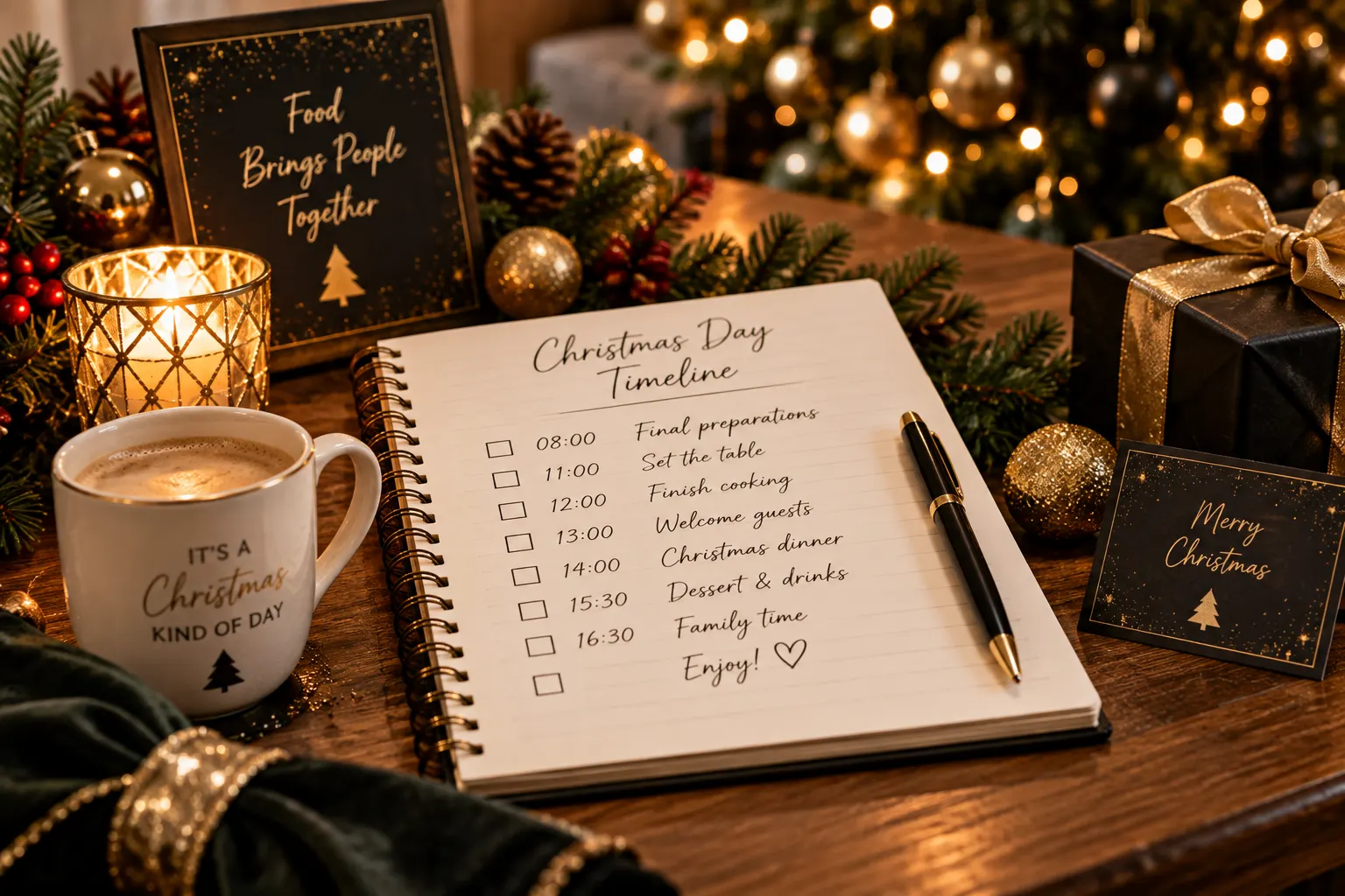 Christmas Day timeline planner with festive decorations, coffee, candles and black and gold Christmas details