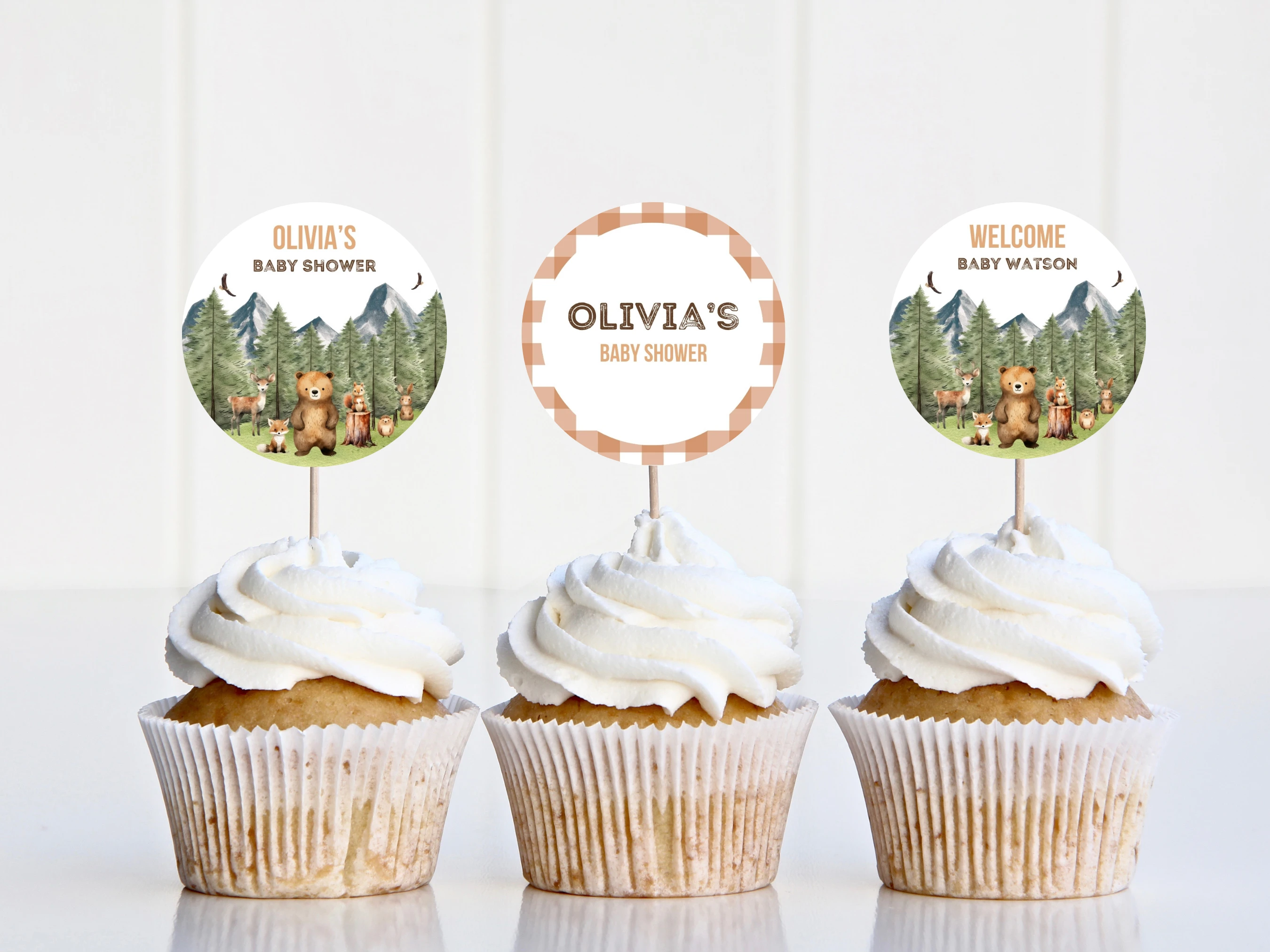 Woodland Baby Shower Cupcake Toppers | Forest Animals Adventure Awaits Cake Topper | Editable Canva Template | Digital Download