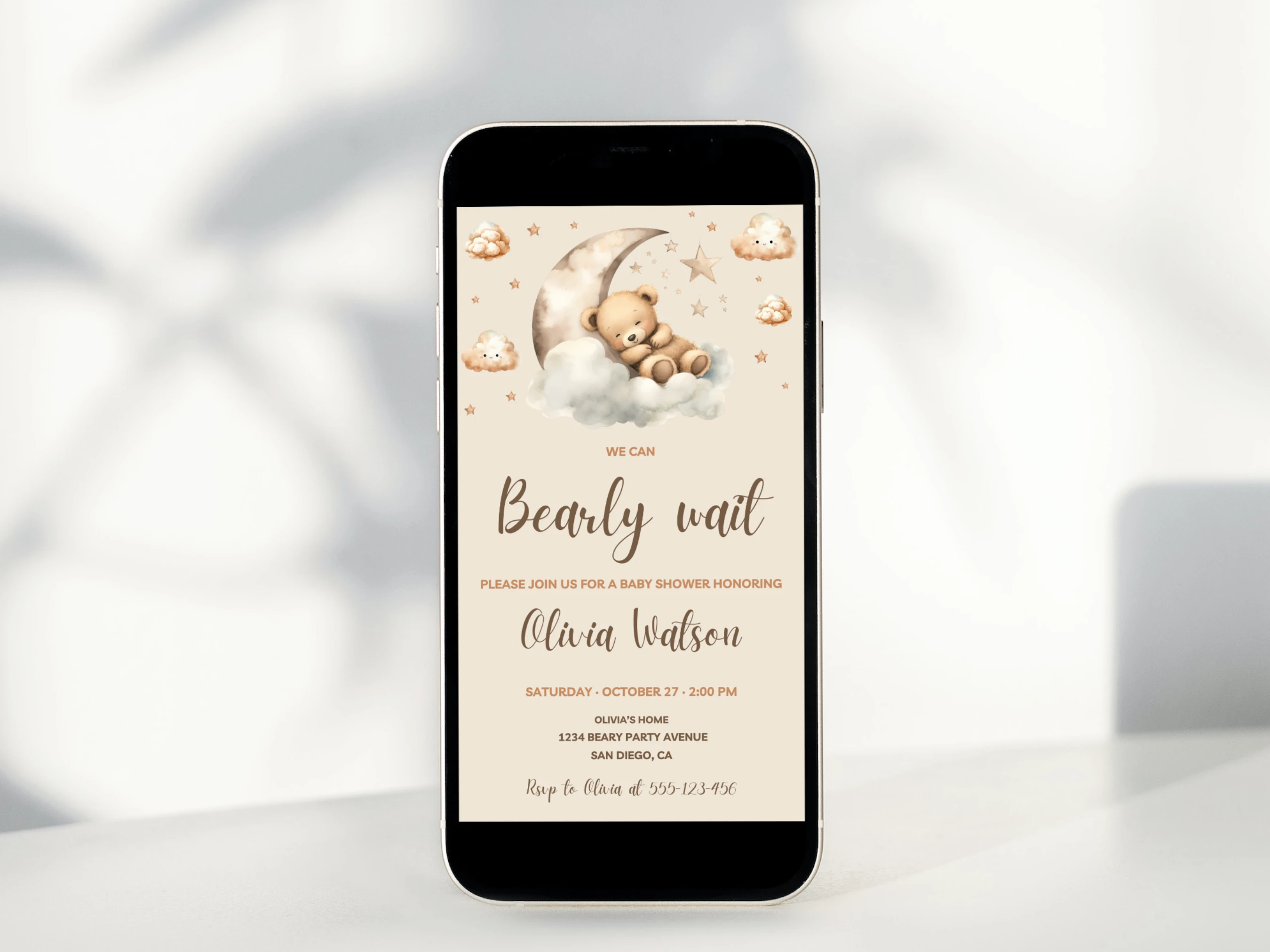 we can bearly wait baby shower invitation, teddy bear baby shower invite, boho moon and stars baby shower invitation template, printable baby shower invite, editable baby shower invitation Canva