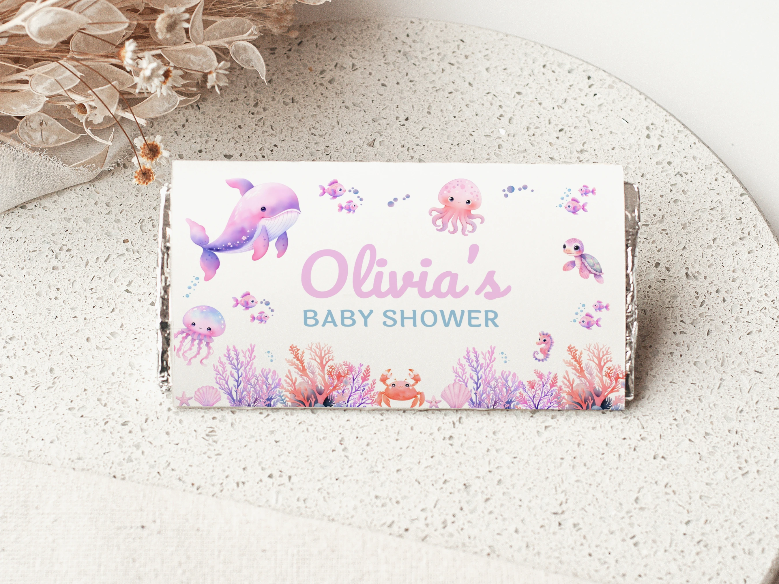 under the sea baby shower chocolate wrapper, ocean animals candy bar wrapper printable, pink baby girl candy bar label, mermaid baby shower chocolate wrapper, editable chocolate wrapper Canva