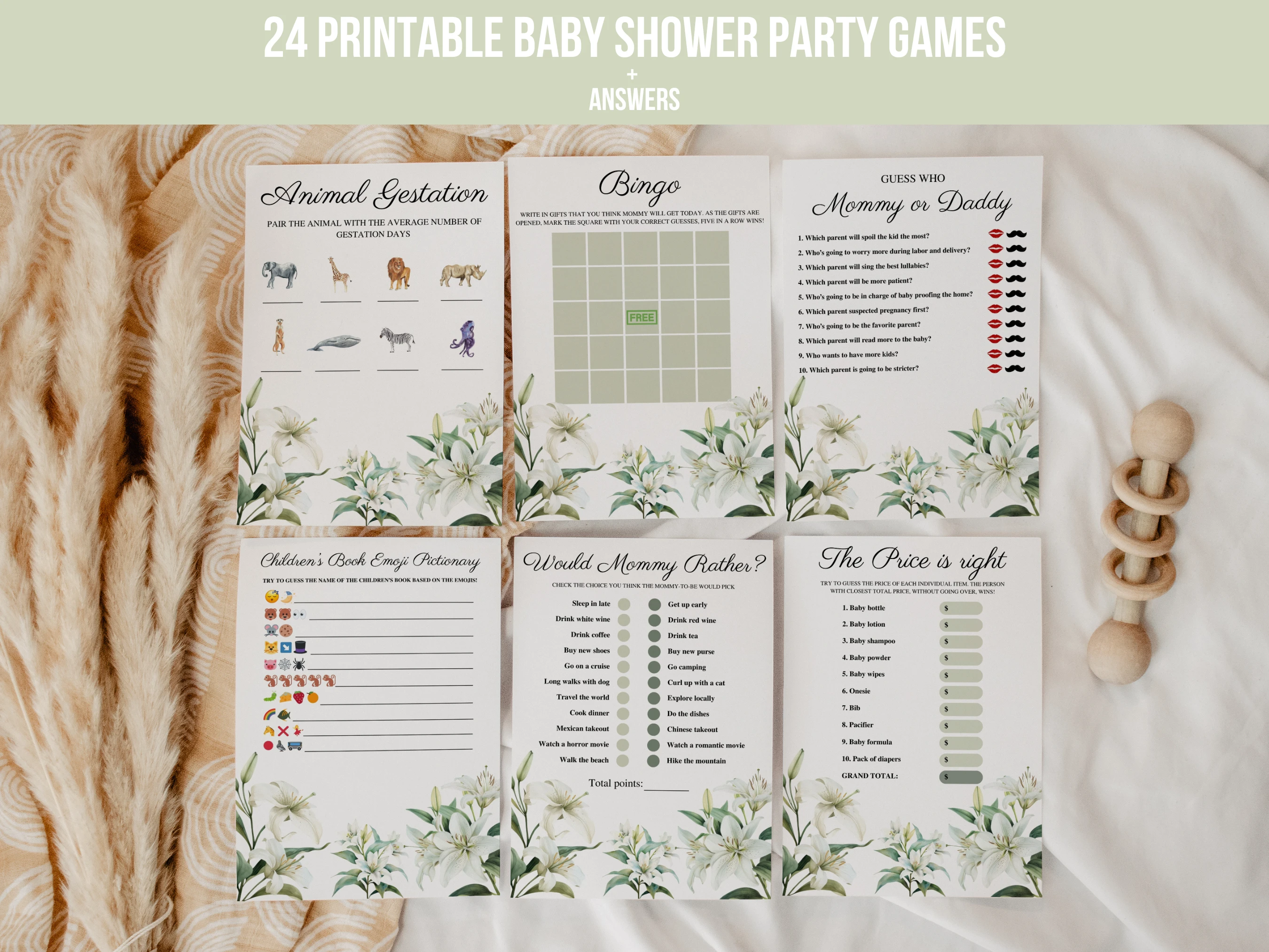 baby in bloom baby shower games bundle, baby shower bingo printable games, greenery baby shower games, 24 printable baby shower games bundle, editable baby shower games Canva