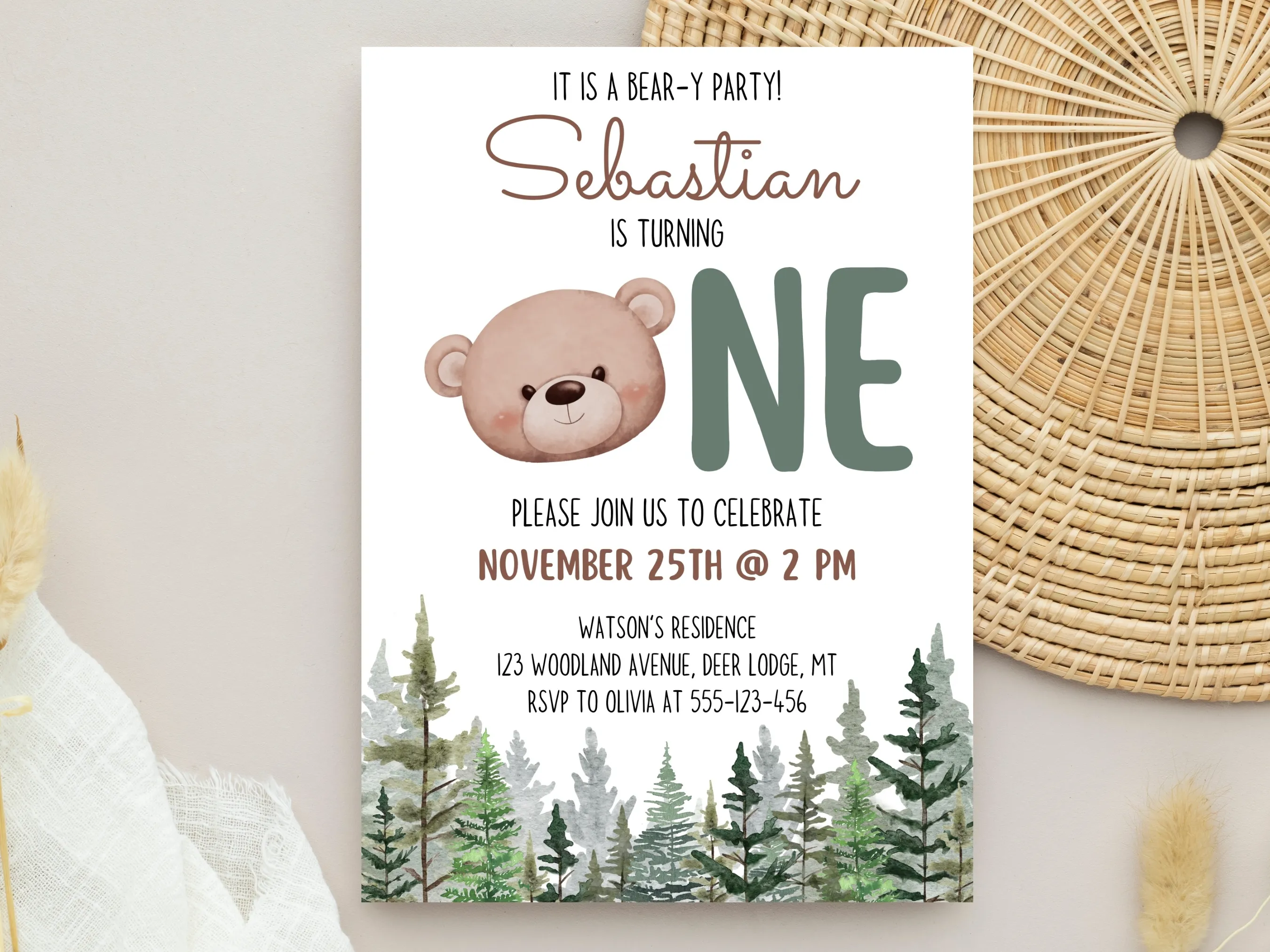 Woodland Bear 1st Birthday Invitation | Forest Animal Theme | Editable Canva Template | Digital Download