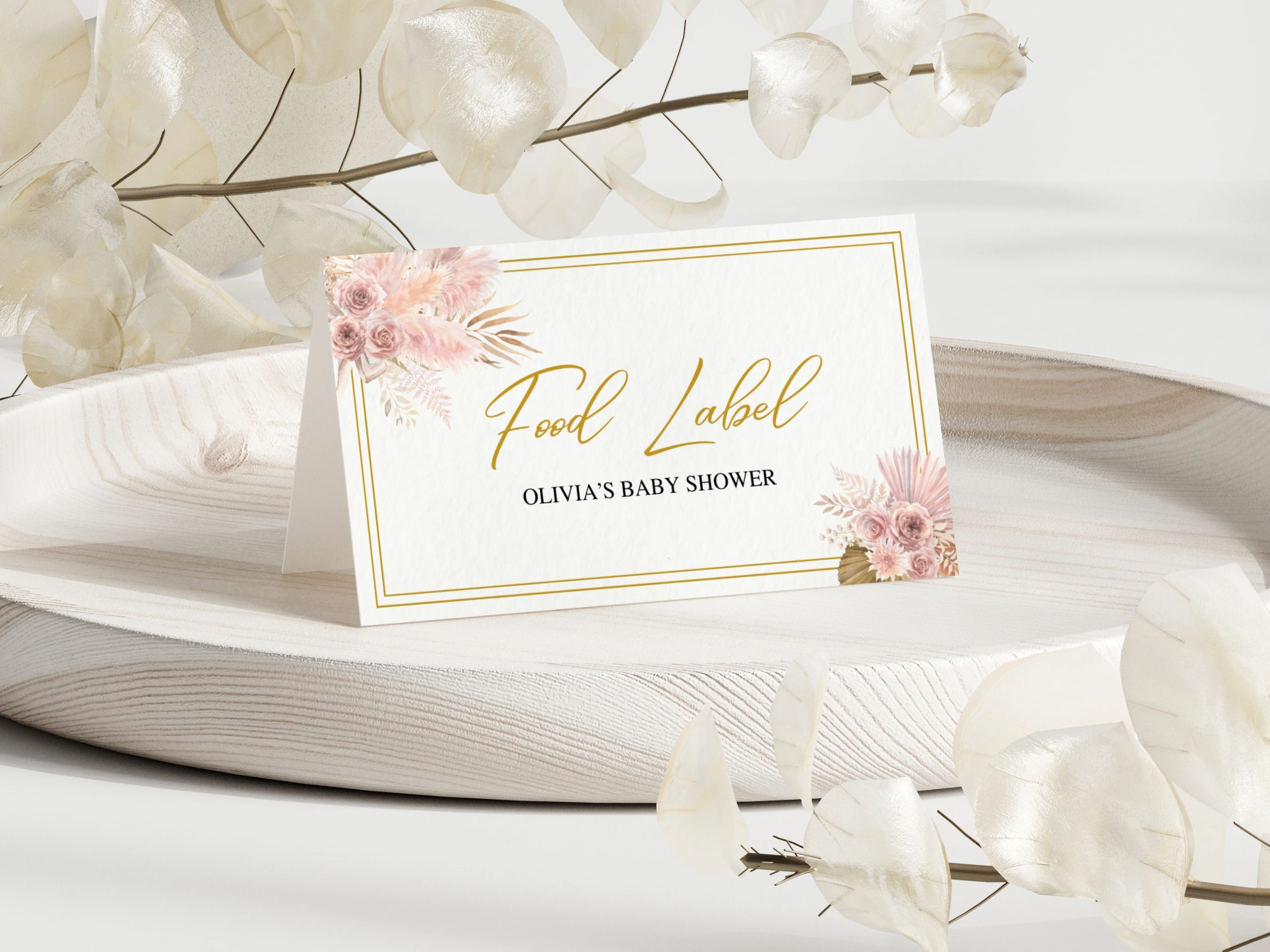 boho baby shower place cards pampas grass rose gold baby girl seating cards canva template digital download, pampas grass baby shower seating cards rose gold decorations canva template