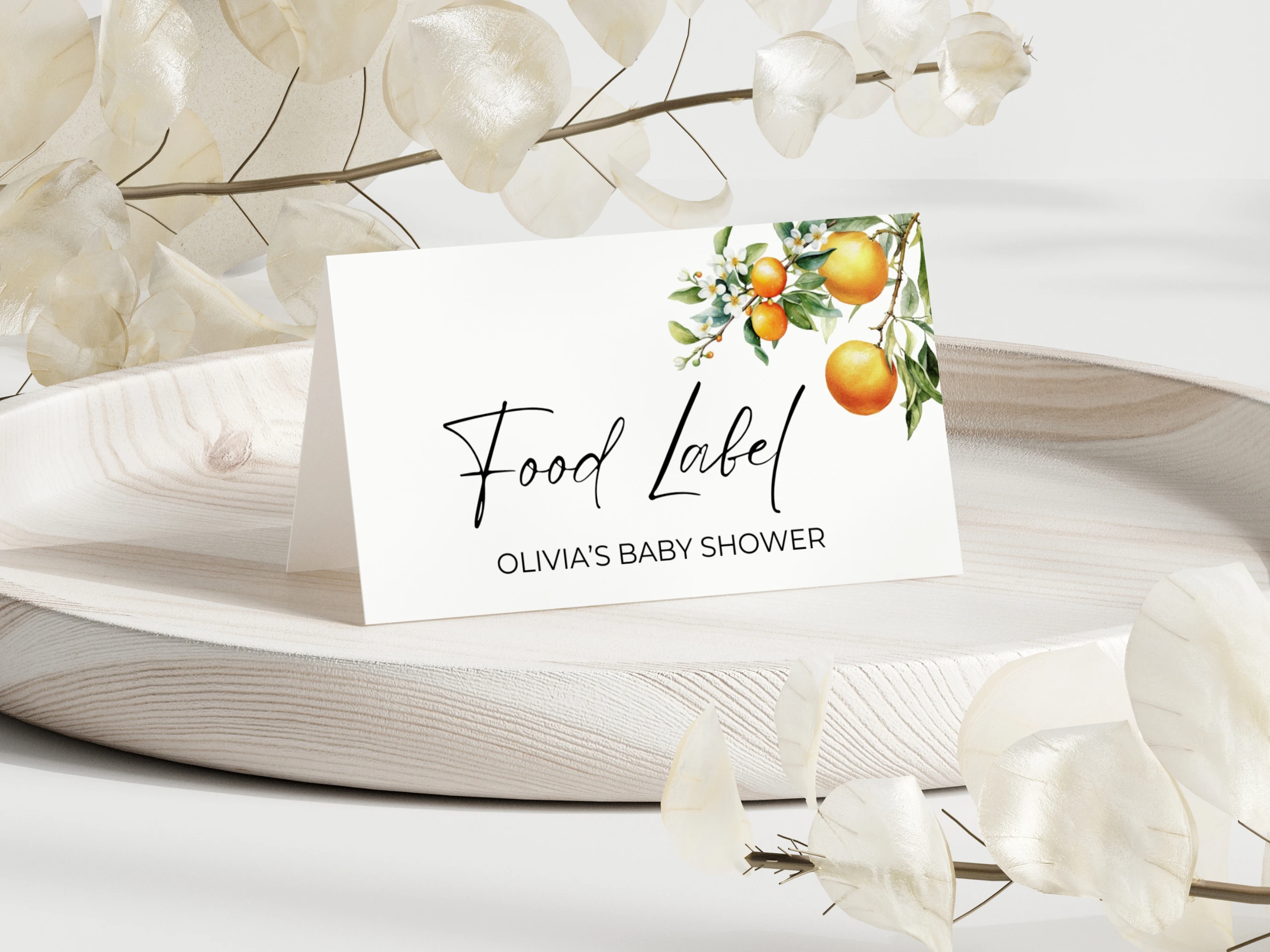 little cutie baby shower place cards orange clementine seating food labels canva template digital download, orange baby shower seating cards citrus table decorations canva template