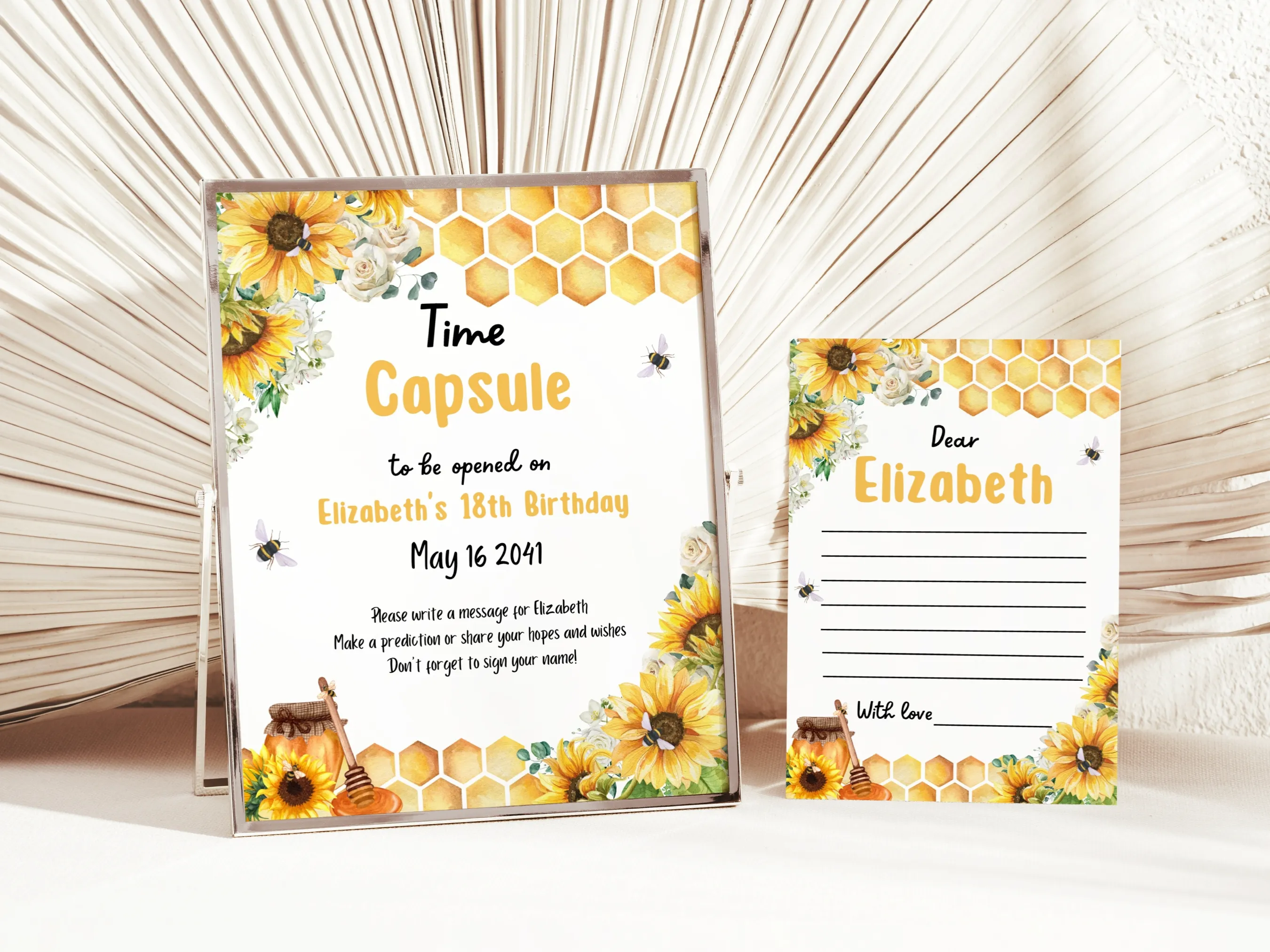 “First Bee Day birthday time capsule sign and wishes card with bumble bee theme, editable Canva birthday guest book, digital download.”
