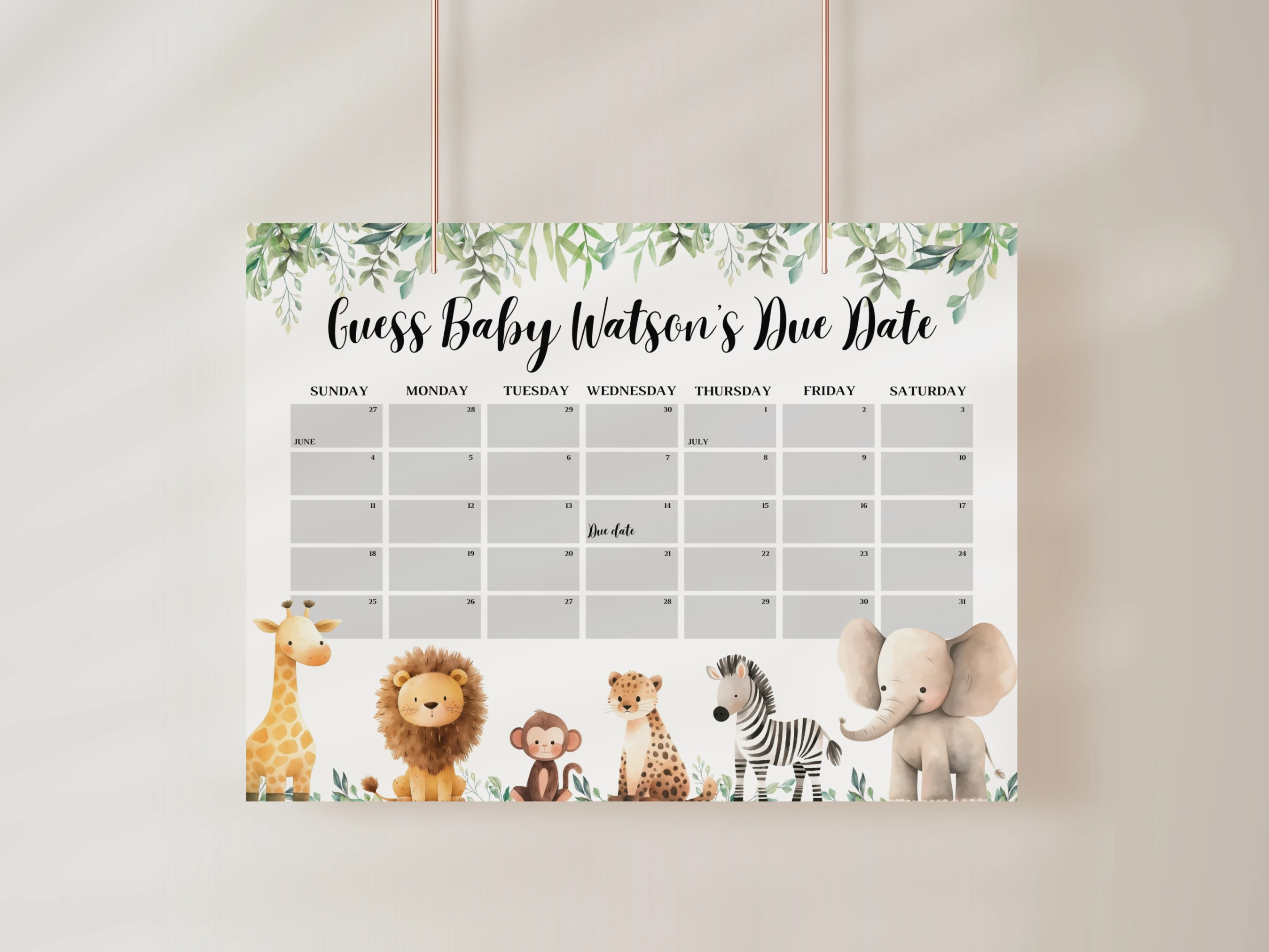 safari_animals_baby_shower_due_date_calendar_