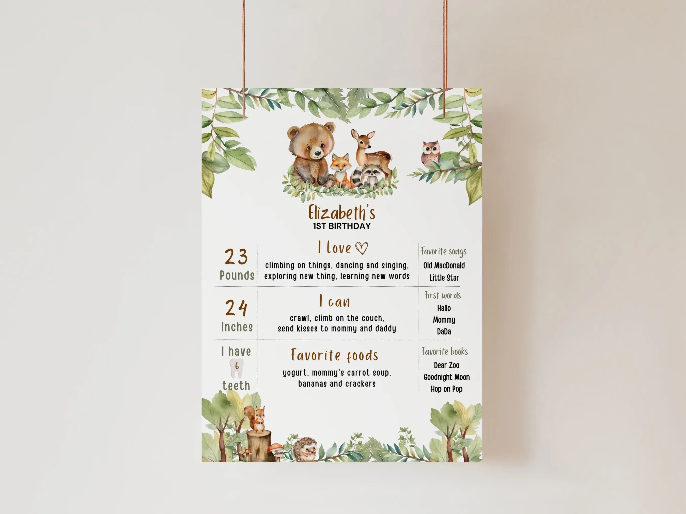 Forest animals milestone board and wild one baby milestone sign in woodland style for a first birthday, editable Canva template digital download by fllcdesigns