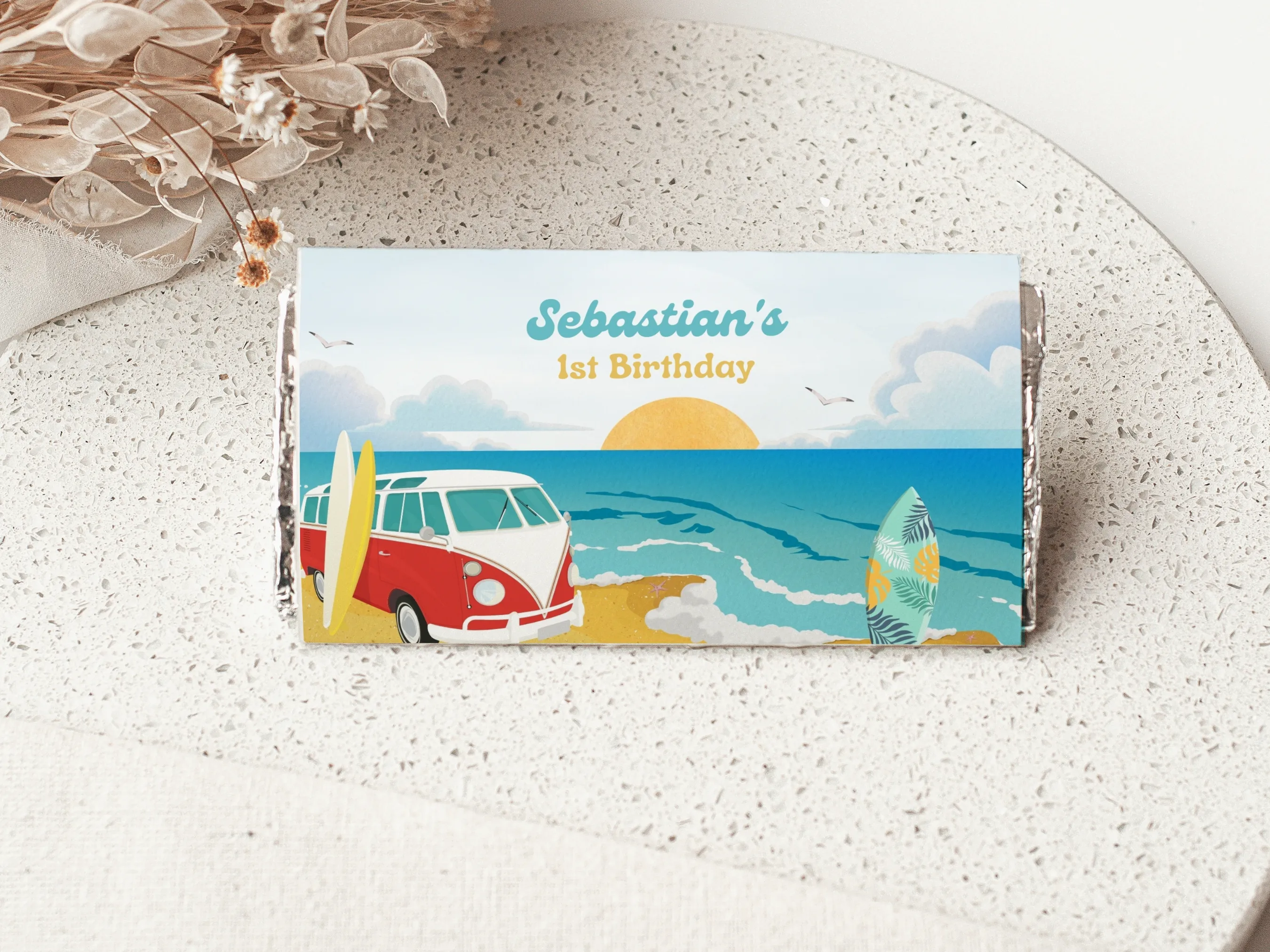 Surf birthday chocolate wrappers with beach and surfboard theme, matching candy wrappers and candy bar labels, editable Canva template by fllcdesigns