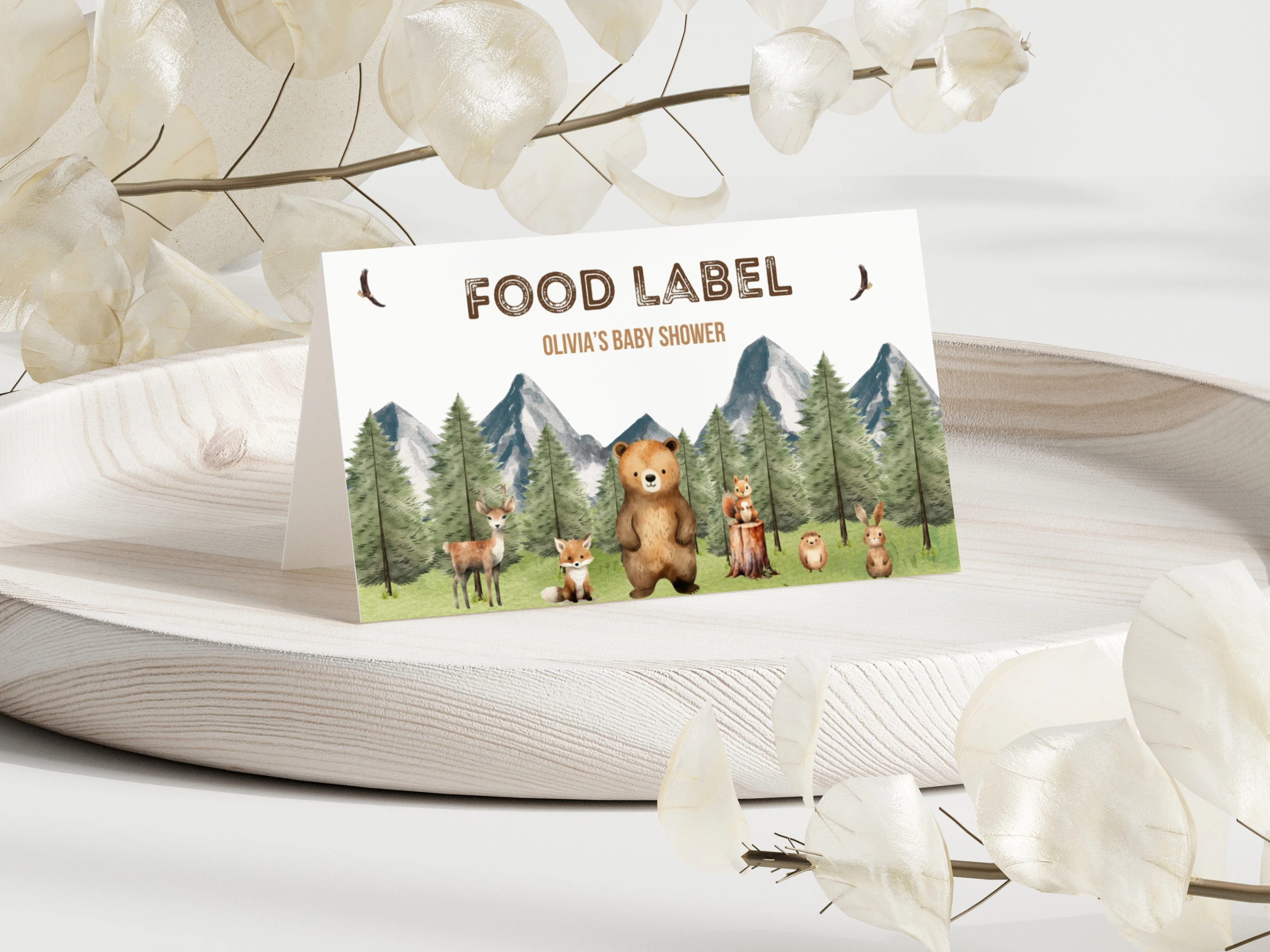 woodland baby shower place cards forest animals mountain seating cards canva template digital download, forest animals baby shower seating cards woodland decorations canva template