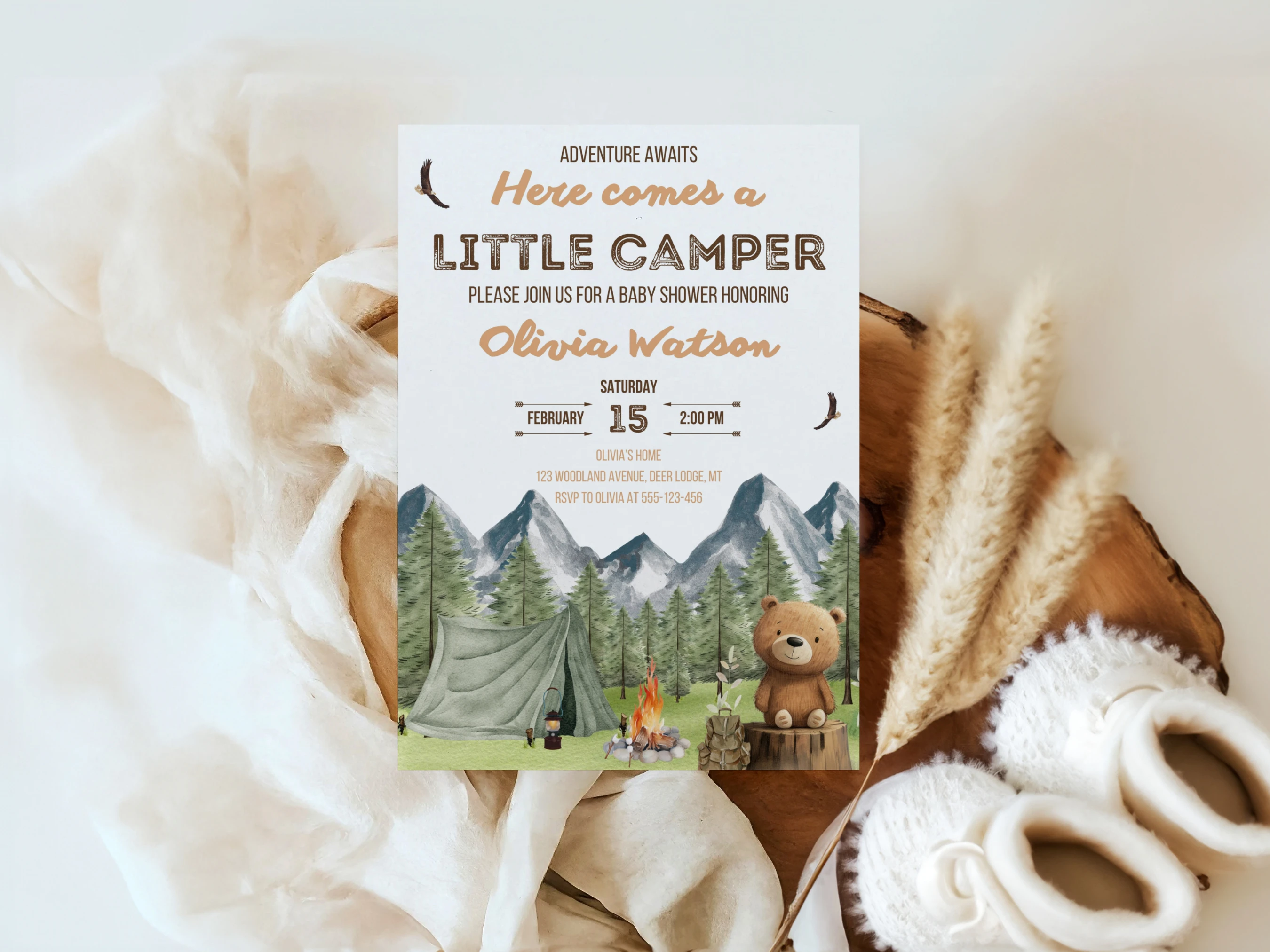 Little Camper Baby Shower Invitation Set | Woodland Brown Teddy Bear Starter Pack For Baby Boy | Editable Canva Template | Digital Download