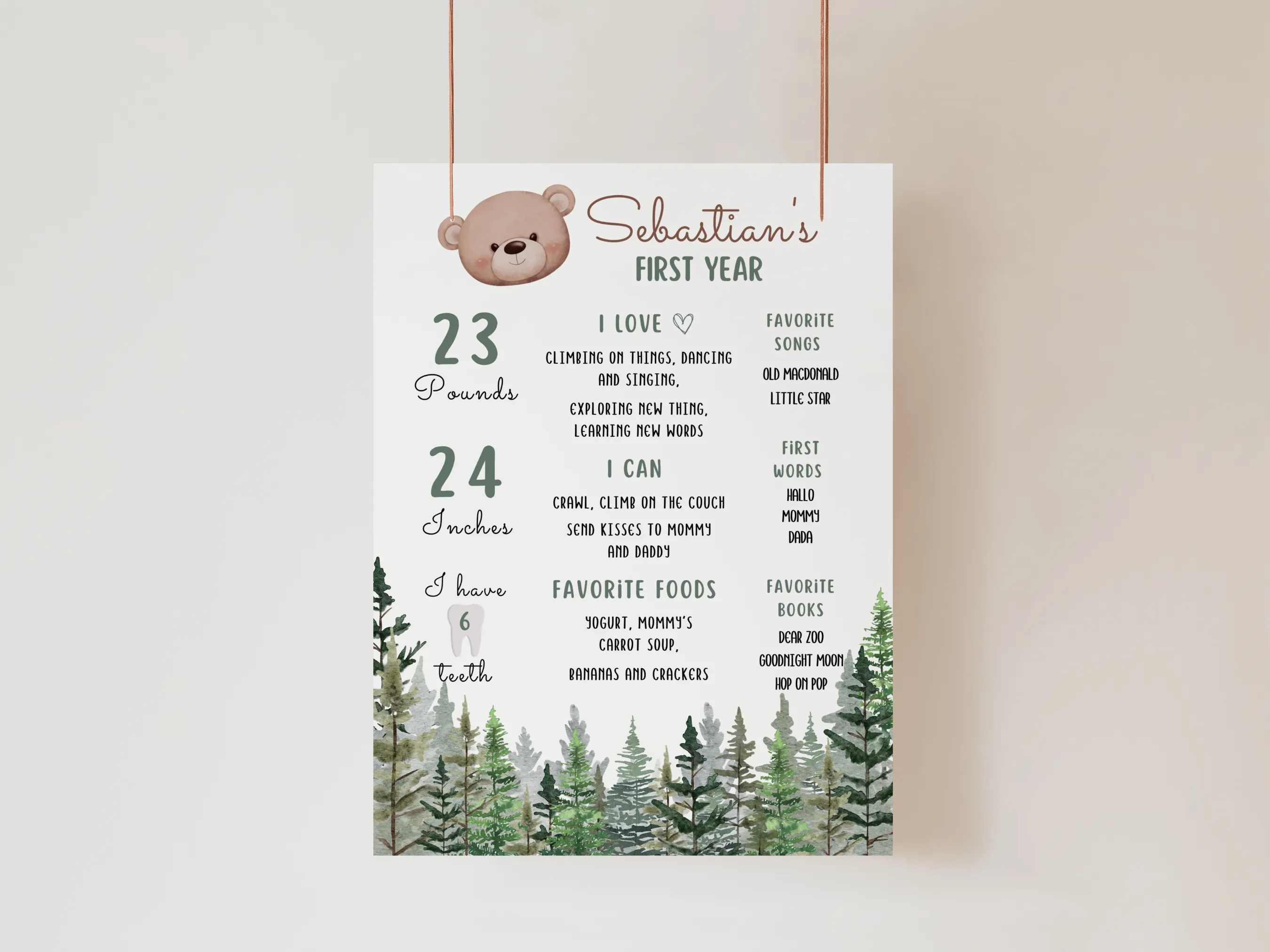 Brown bear birthday milestone board and forest baby milestone sign in a woodland theme for a first birthday, editable Canva template digital download by fllcdesigns