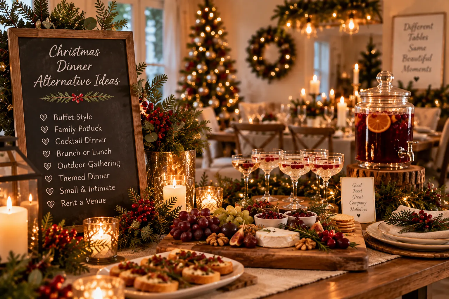 Alternative Christmas dinner ideas with buffet food, drinks, candles, festive greenery and informal holiday setting