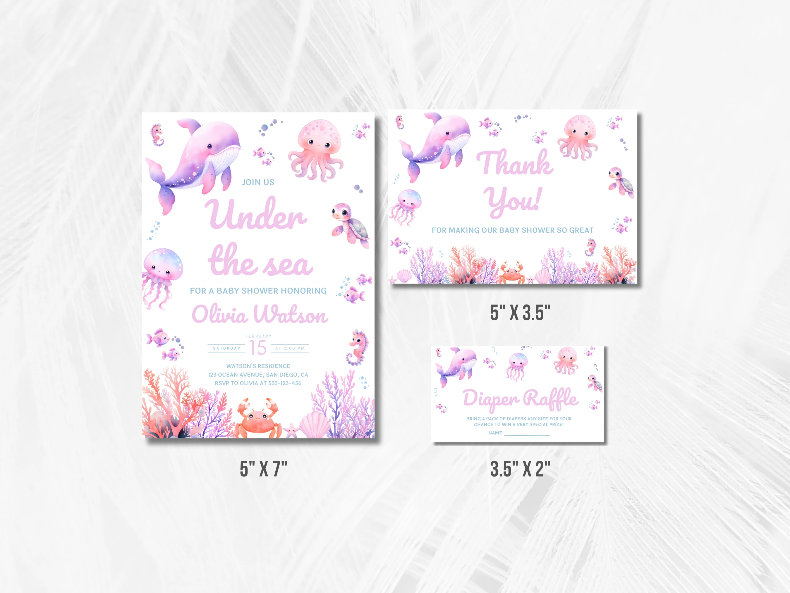 Under The Sea Baby Shower Invitation Set | Ocean Animals Pink Starter Pack For Baby Girl | Editable Canva Template | Digital Download