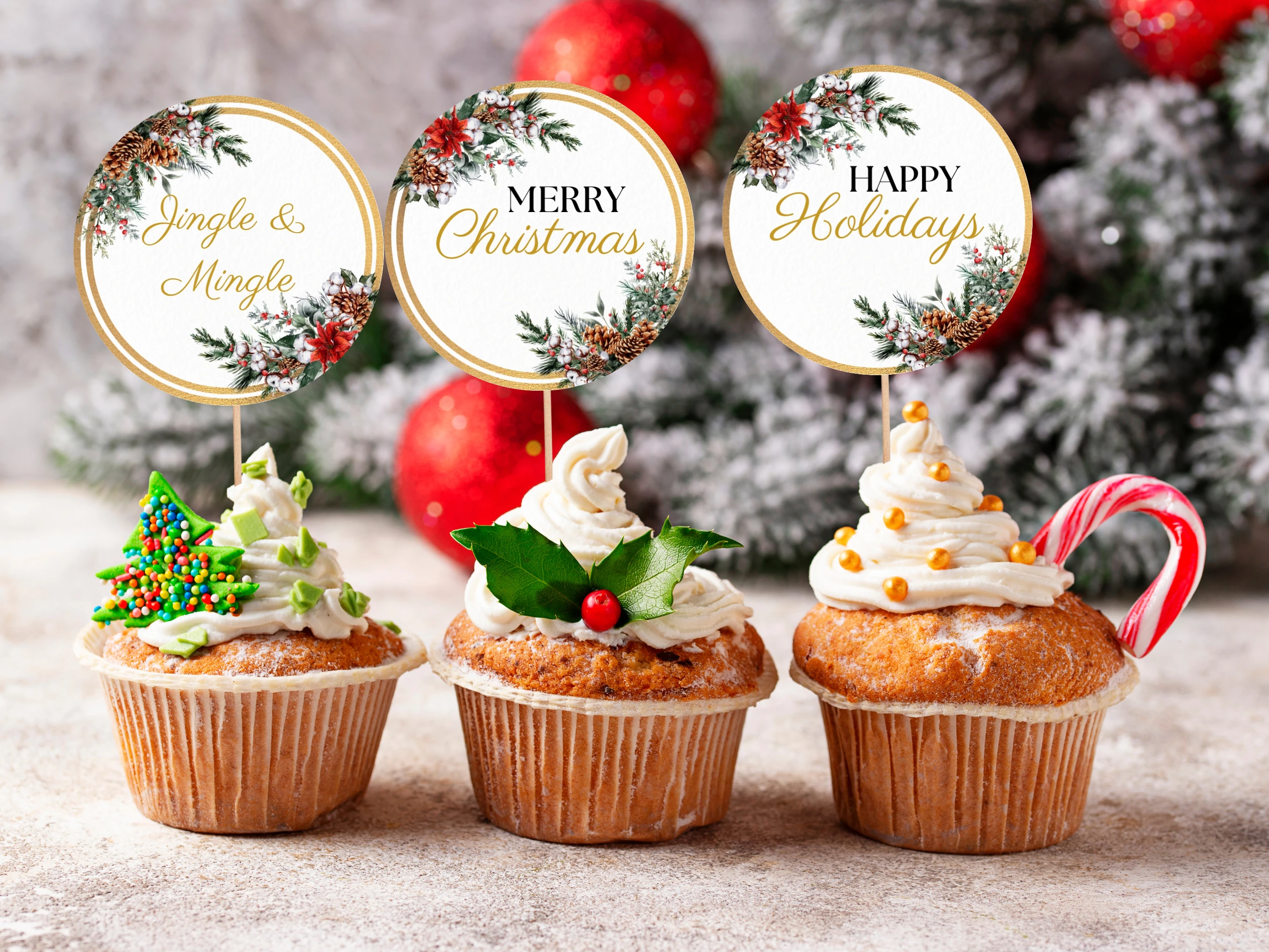 Christmas Cupcake Toppers | Golden Greenery Holiday Party Decorations | Editable Canva Template | Digital Download