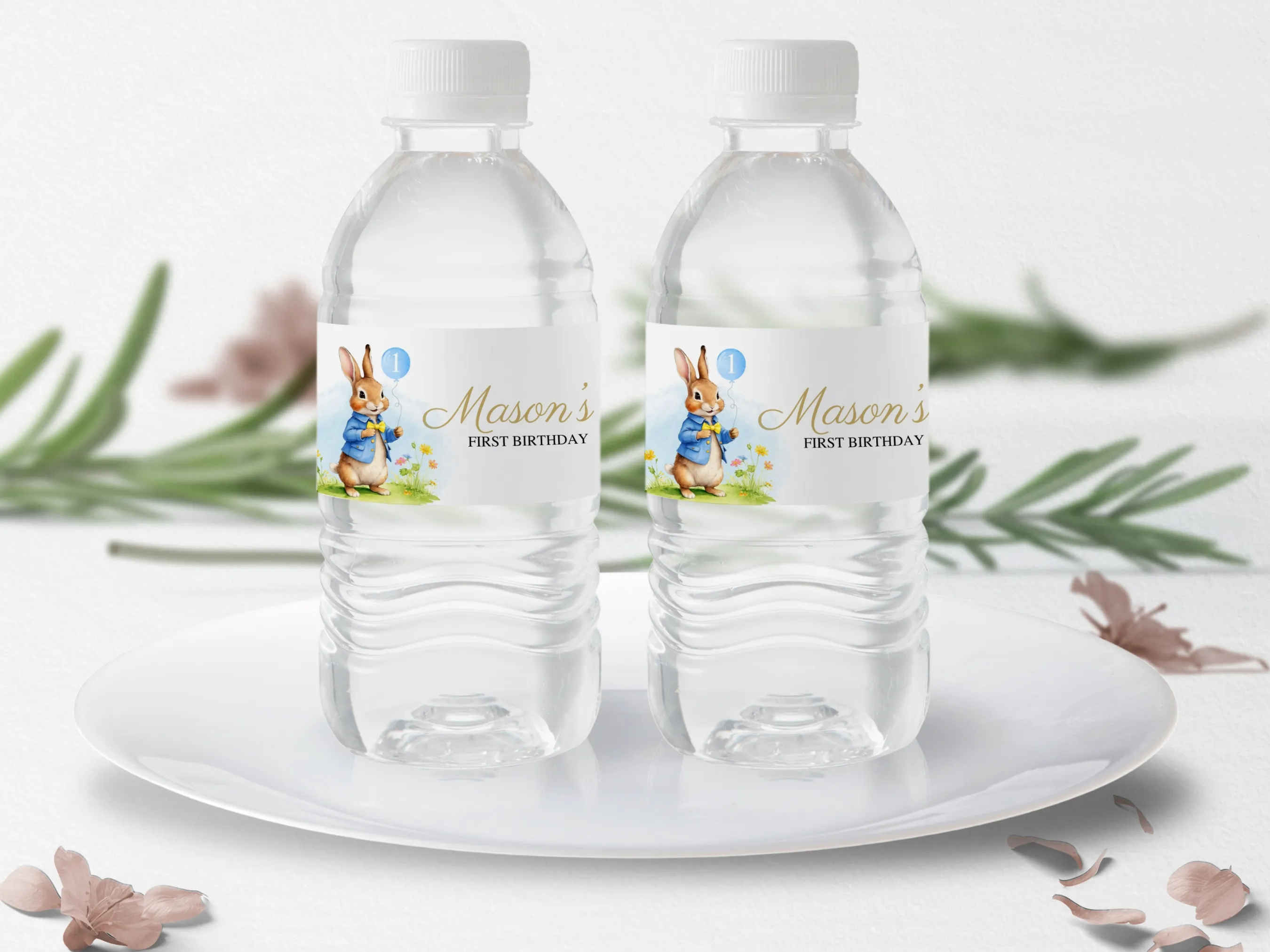 Peter Rabbit birthday water bottle labels with Flopsy Bunny design, personalized bottle wraps and stickers, editable Canva template by fllcdesigns