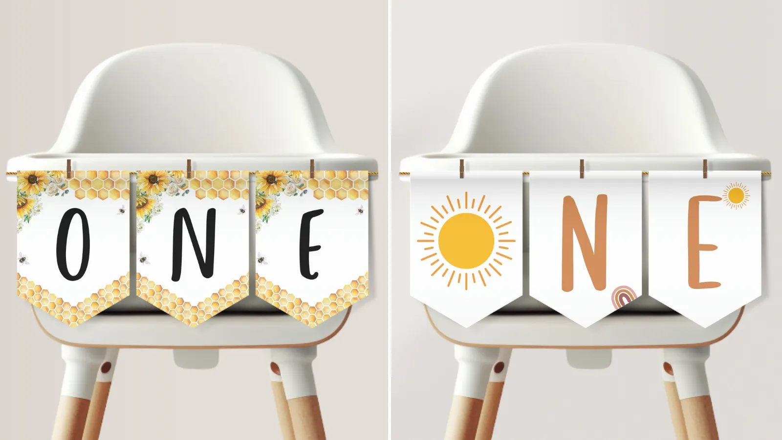 Printable high chair banner with three flags spelling ONE for first birthday cake smash, editable Canva template – fllcdesigns