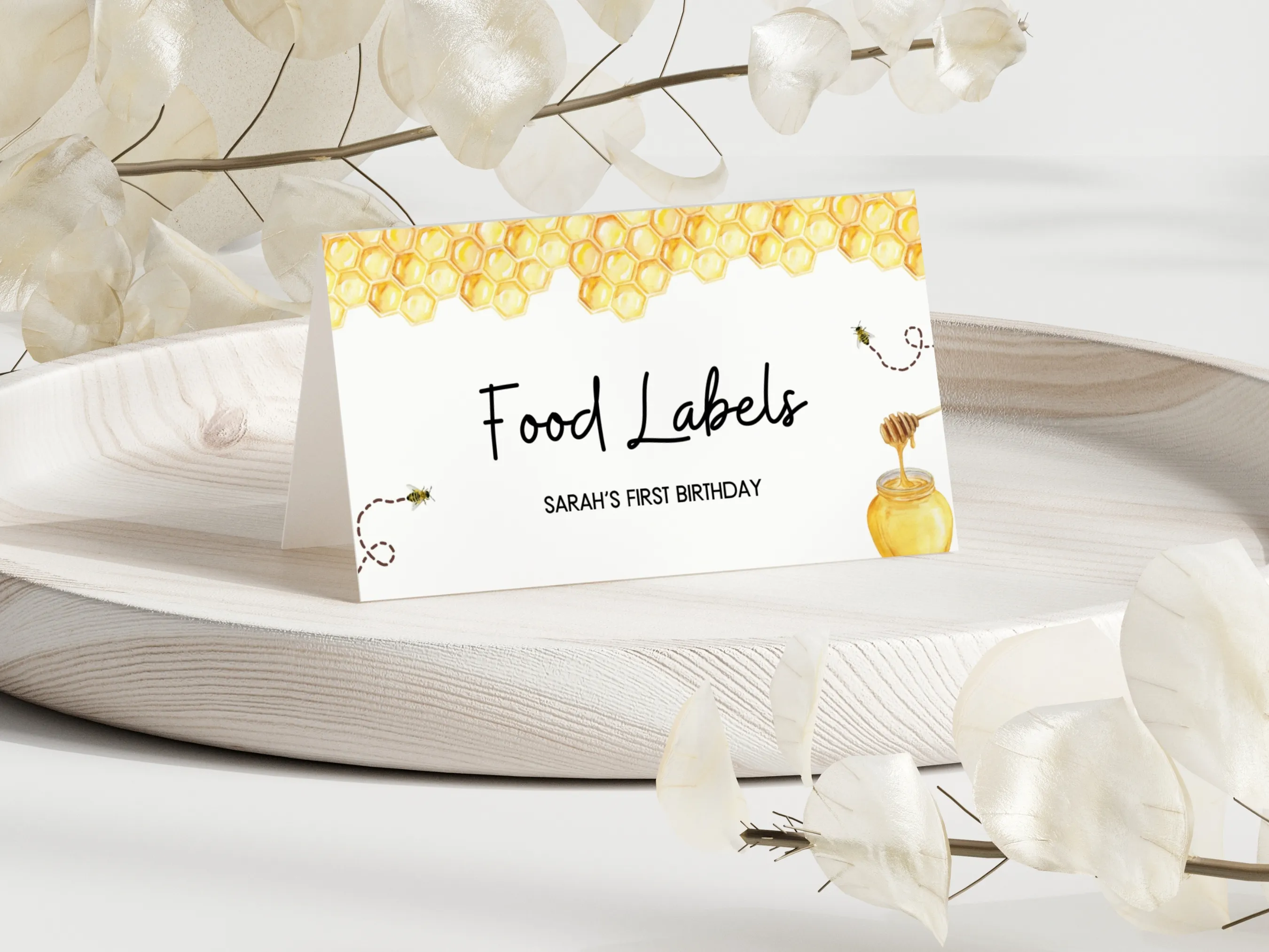 My First Bee Day food tent cards with honey bee design, editable name place cards and table labels by fllcdesigns