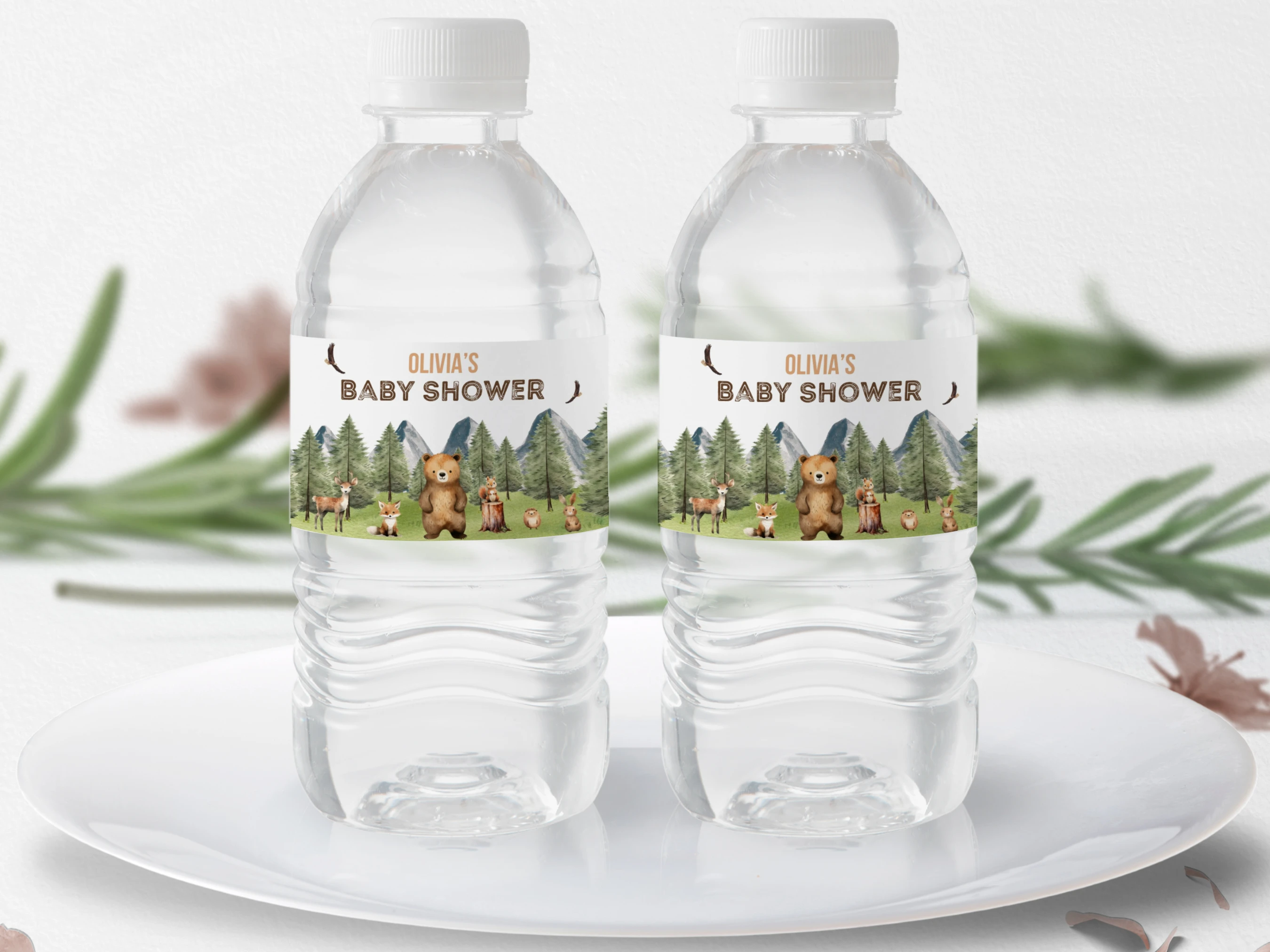 woodland baby shower bottle label, adventure awaits bottle sticker printable, forest animals baby shower drink label, bear theme baby shower bottle label, editable bottle label Canva