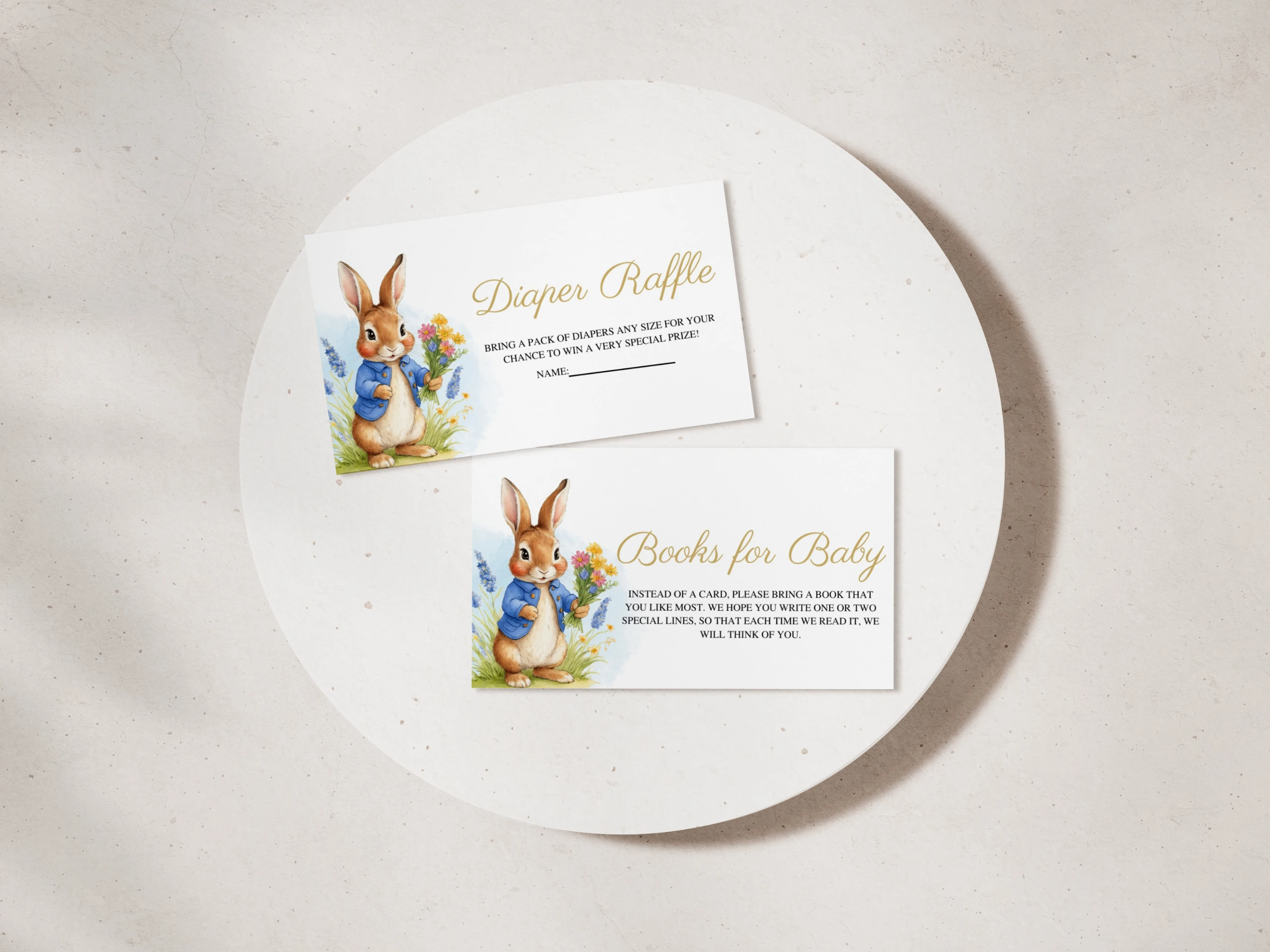 peter rabbit diaper raffle card, flopsy bunny books for baby card, peter rabbit party raffle ticket printable, bunny baby shower insert card, editable diaper raffle card Canva