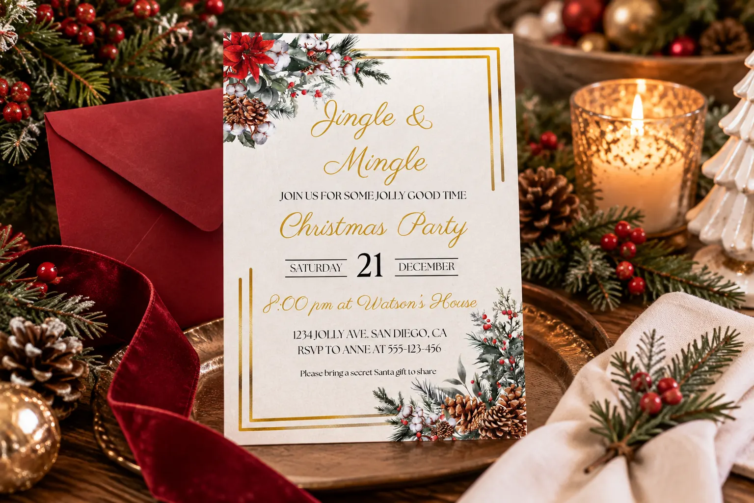 Elegant Christmas dinner invitation displayed with red envelope, greenery, candles and festive details